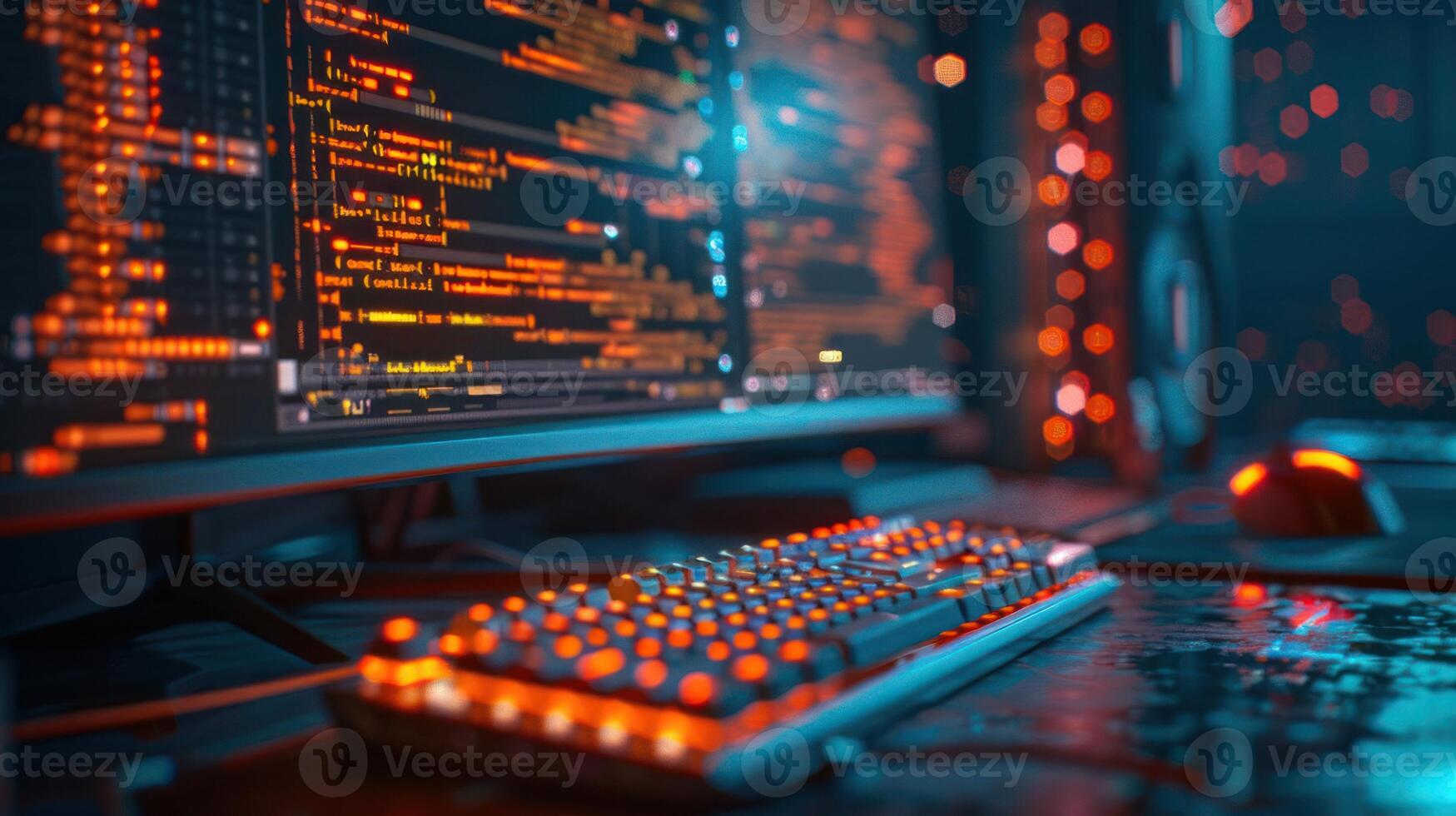 A close-up of a computer setup with glowing code and a mechanical keyboard. photo