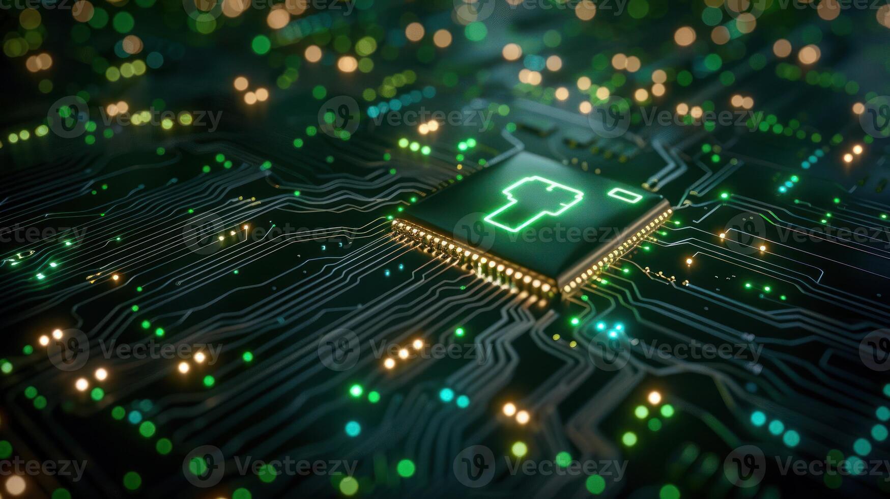 A close-up view of a microchip on a circuit board with glowing lights. photo