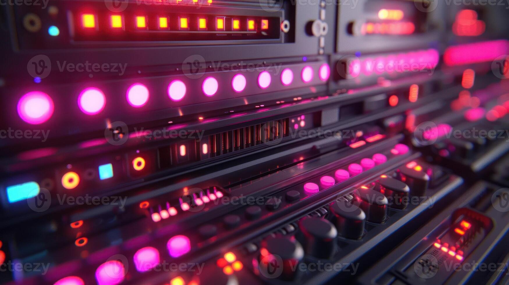 A close-up view of a high-tech control panel with vibrant lights and buttons. photo