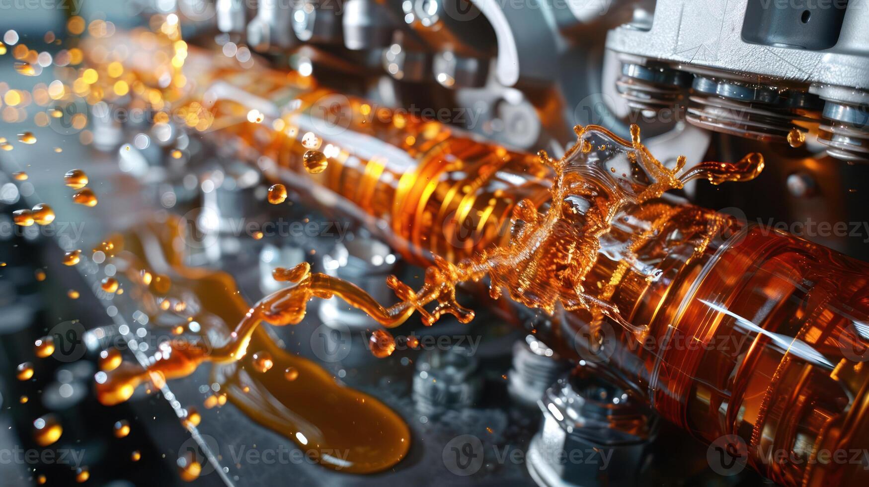 Close-up of an industrial machine with orange fluid splashing, showcasing mechanical components. photo