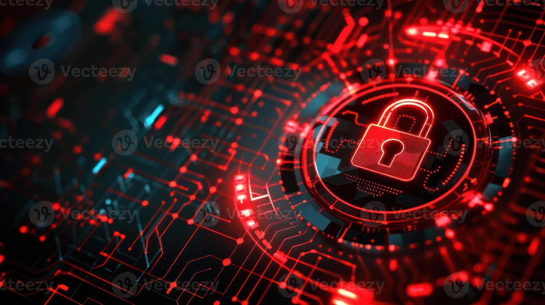 Digital lock symbol on a circuit board background, representing cybersecurity and protection. photo