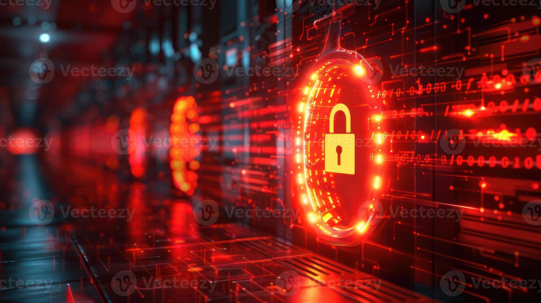 A digital representation of cybersecurity with a glowing padlock symbolizing protection. photo