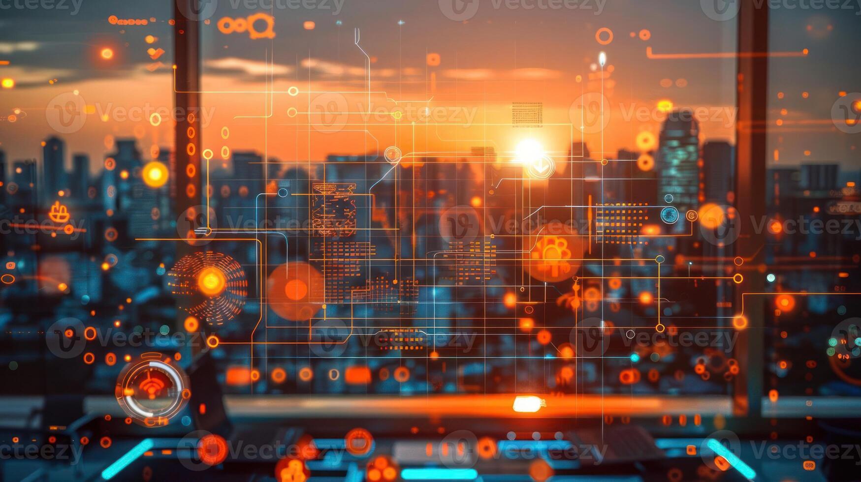 Futuristic cityscape with digital overlays, depicting technology and innovation. photo