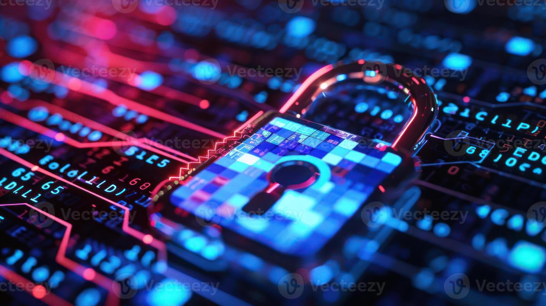A digital lock symbolizing cybersecurity on a vibrant circuit board background. photo
