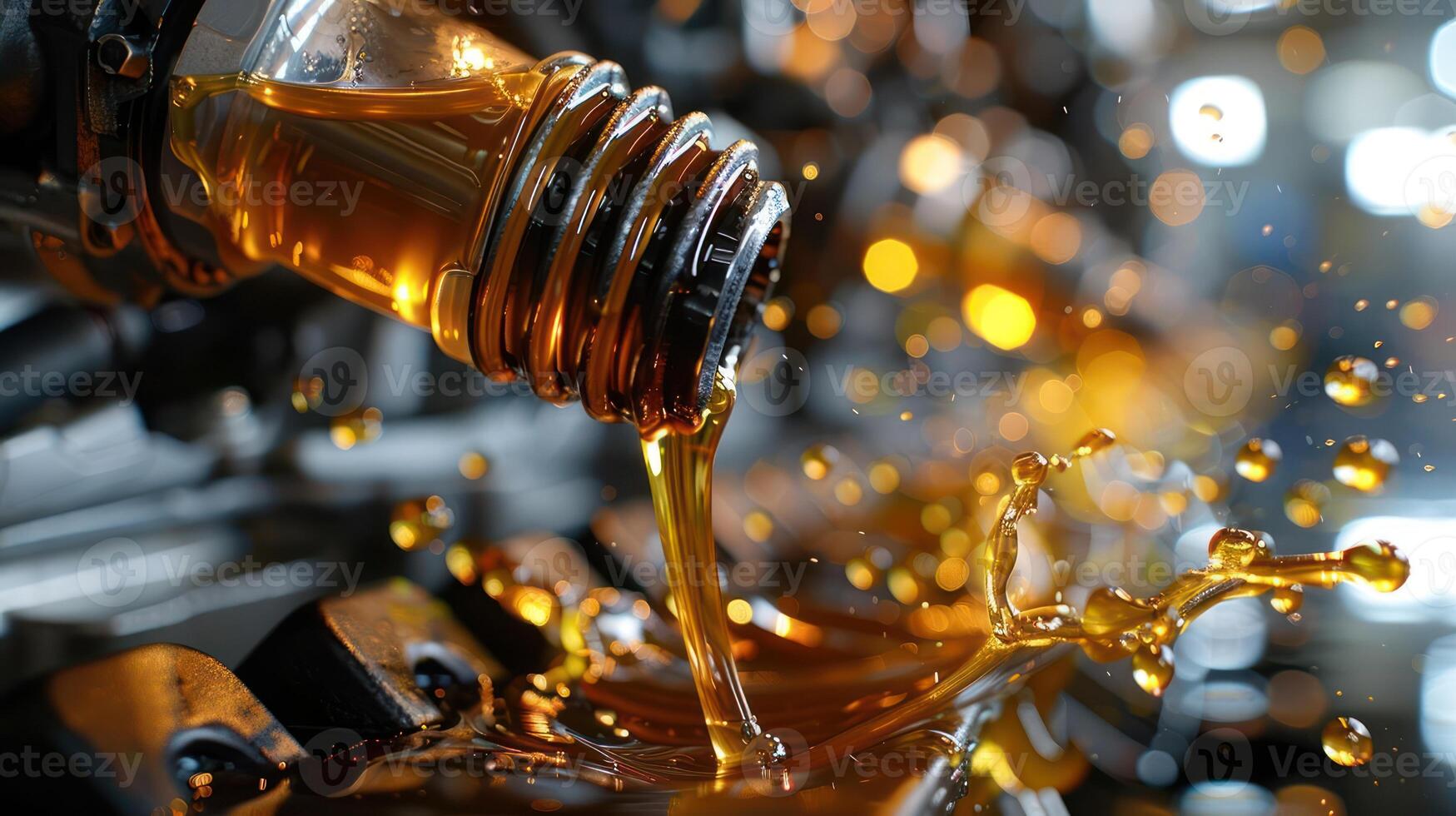 A close-up of oil being poured, creating splashes, showcasing industrial lubrication. photo