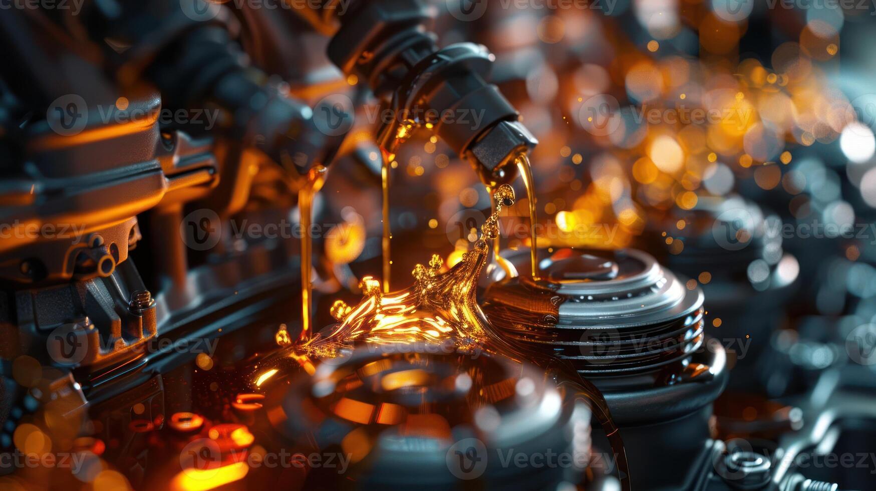 Close-up of a mechanical engine with oil flowing, showcasing intricate details and technology. photo