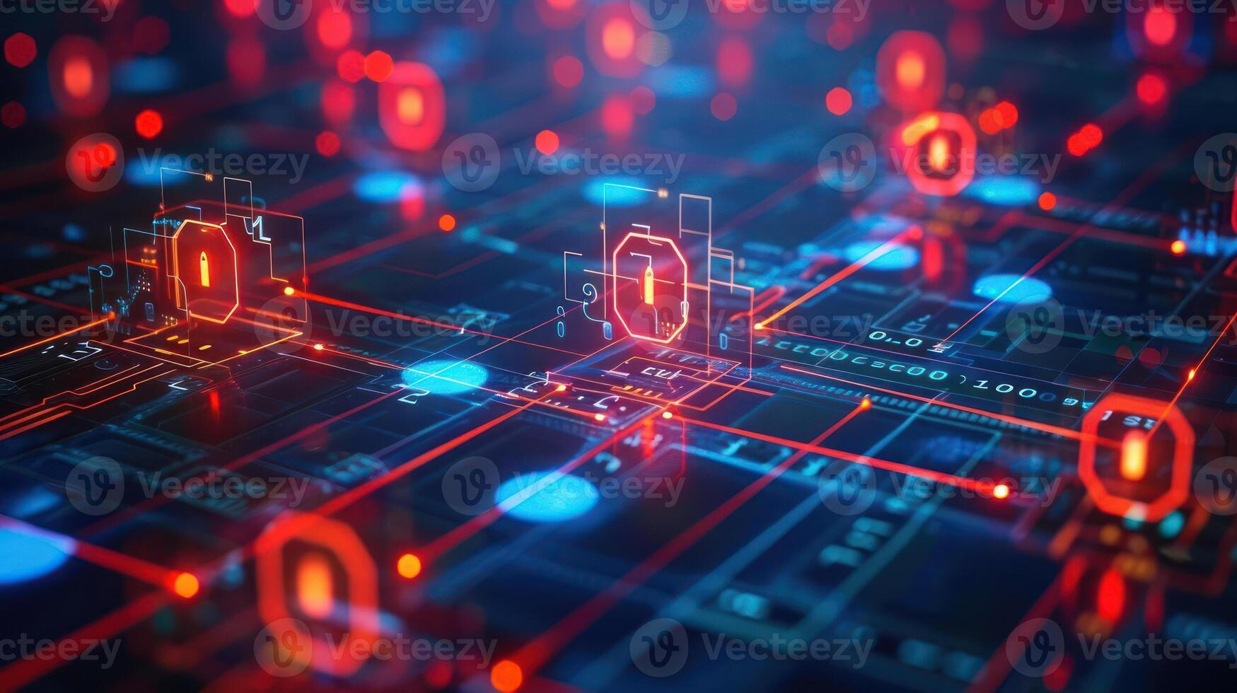 Abstract digital network with glowing nodes and connections, representing technology and data flow. photo