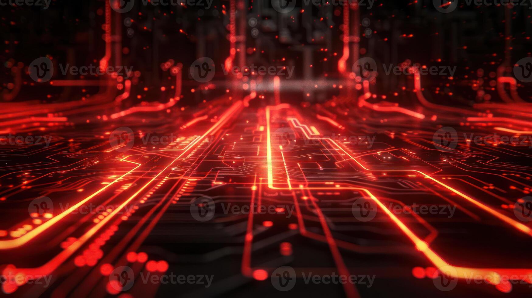 A digital landscape featuring glowing red circuit lines and particles. photo