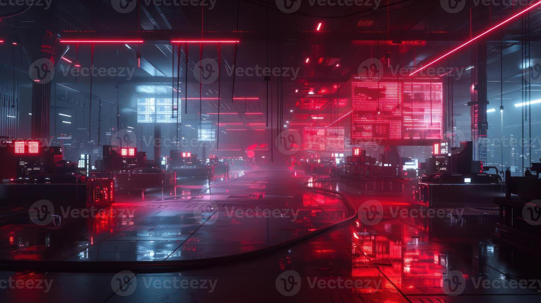 A futuristic industrial space illuminated by red and blue lights, featuring high-tech equipment. photo