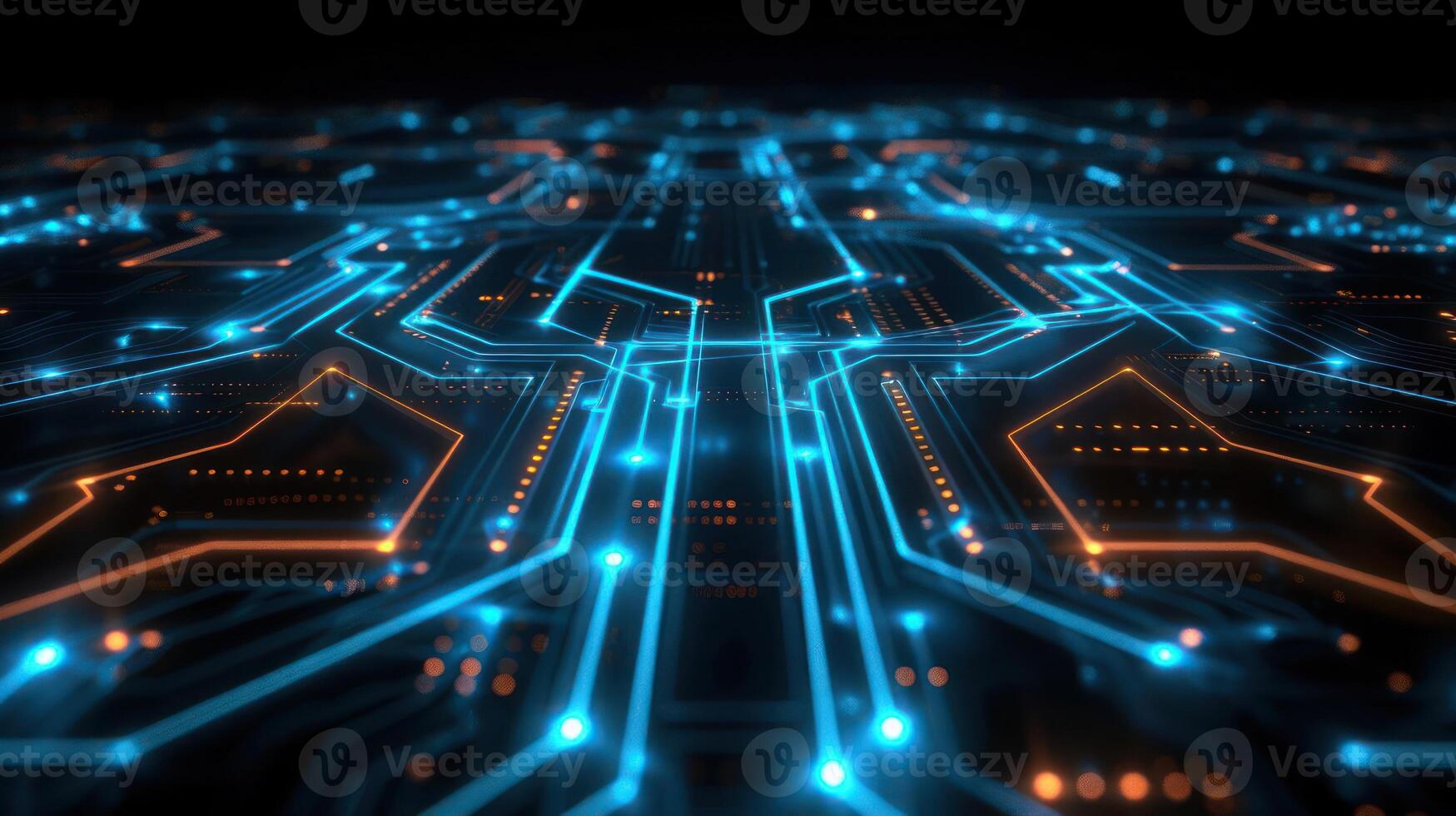 A digital circuit board design with glowing blue and orange lines, representing technology. photo