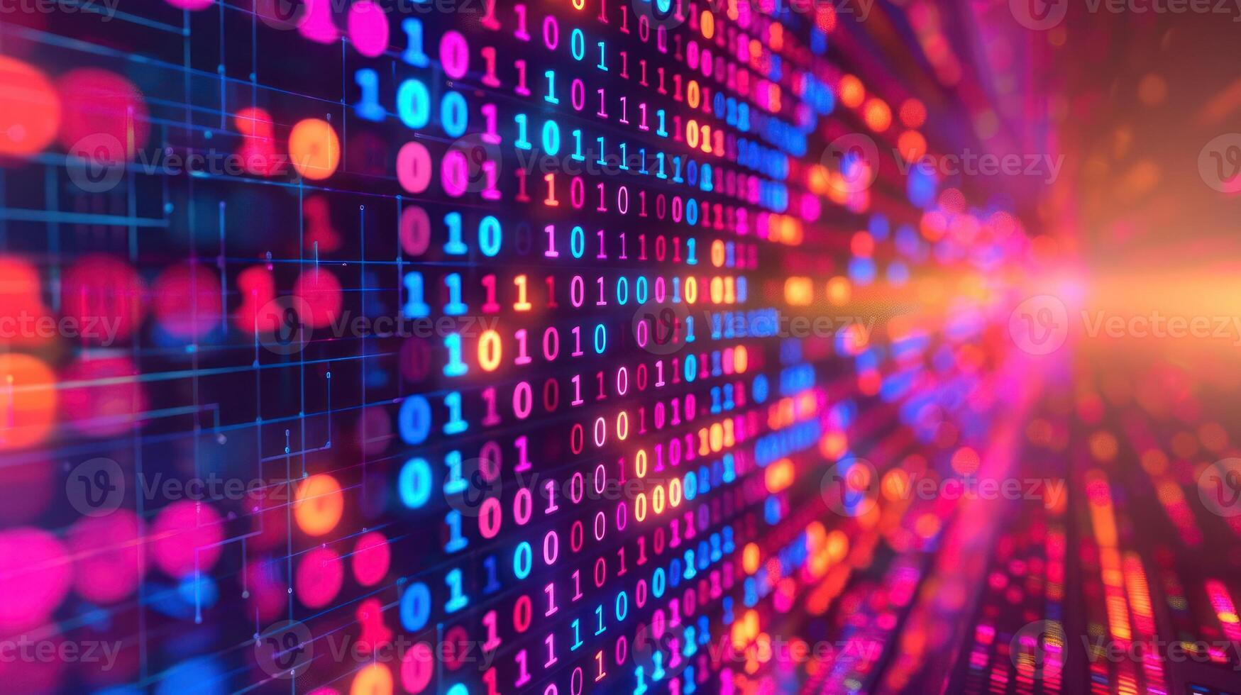 Abstract representation of binary code with vibrant colors, symbolizing digital technology. photo