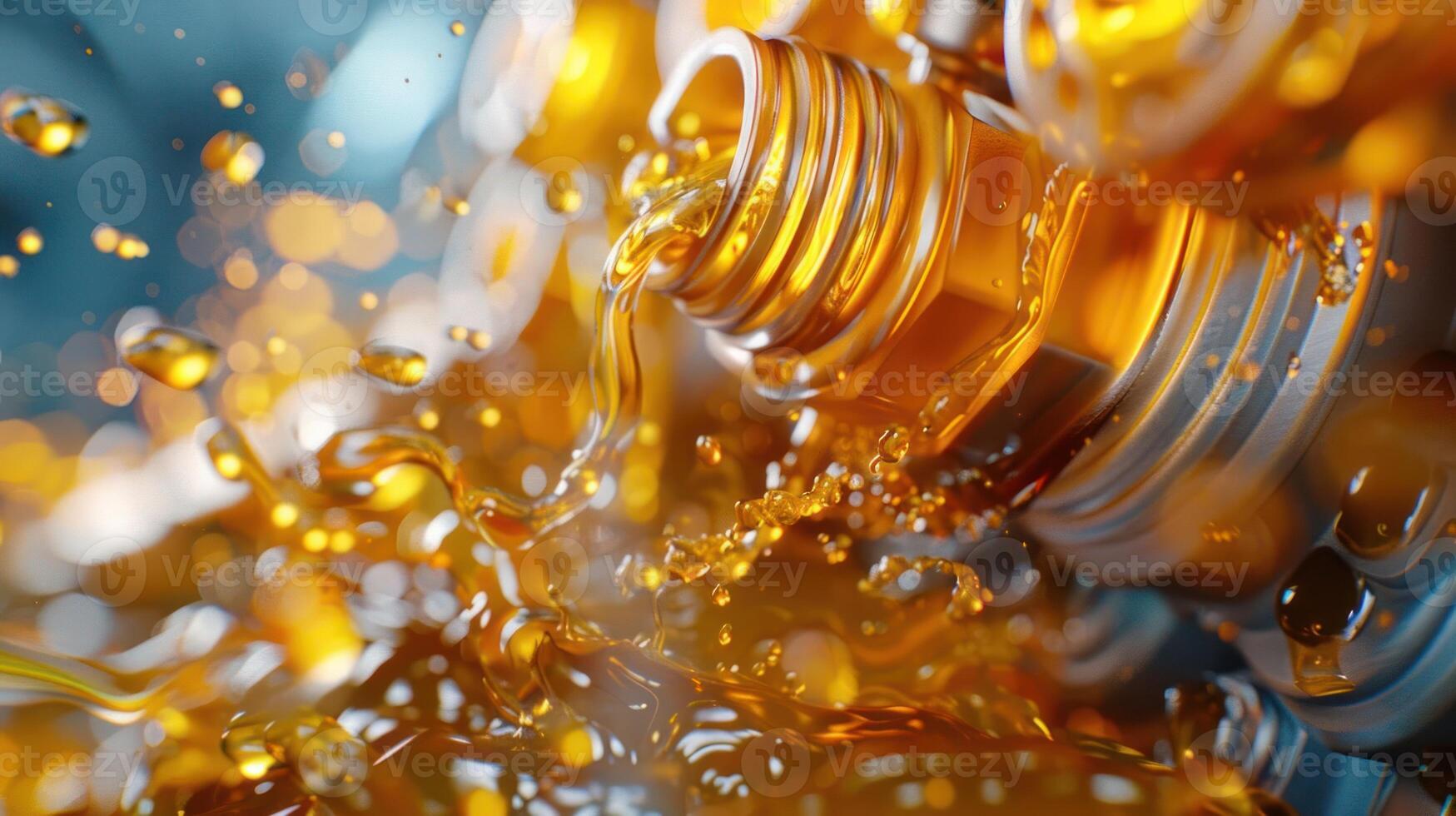 A dynamic splash of golden liquid pouring from a bottle, creating a vibrant visual effect. photo