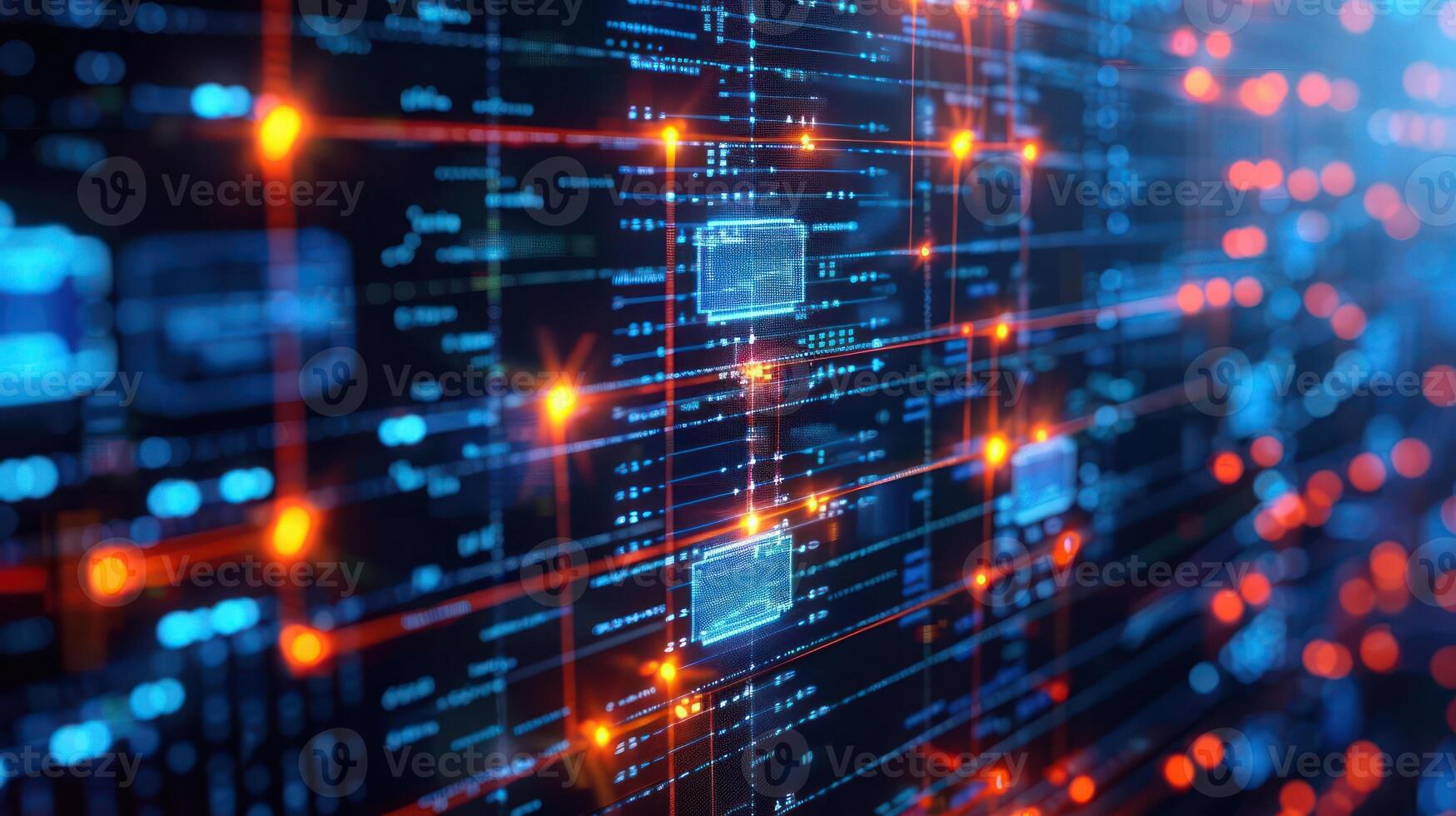 Abstract digital network with glowing nodes and connections representing data flow. photo