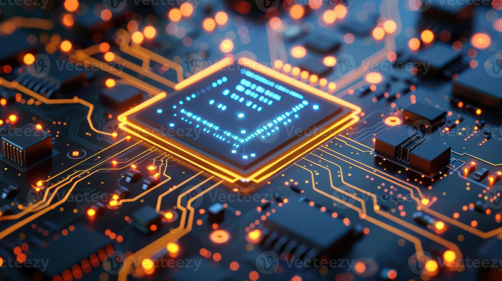 Close-up of a computer microchip with glowing circuits and connections. photo