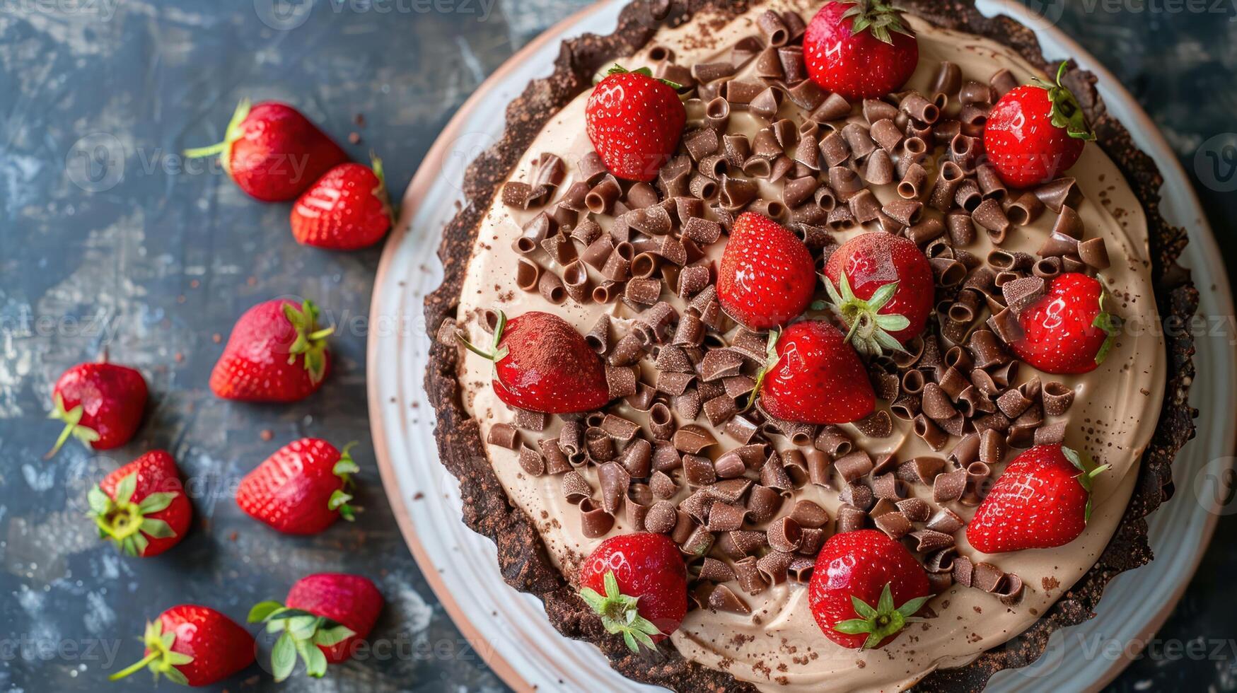 A delicious chocolate cake topped with strawberries and chocolate shavings, perfect for dessert. photo