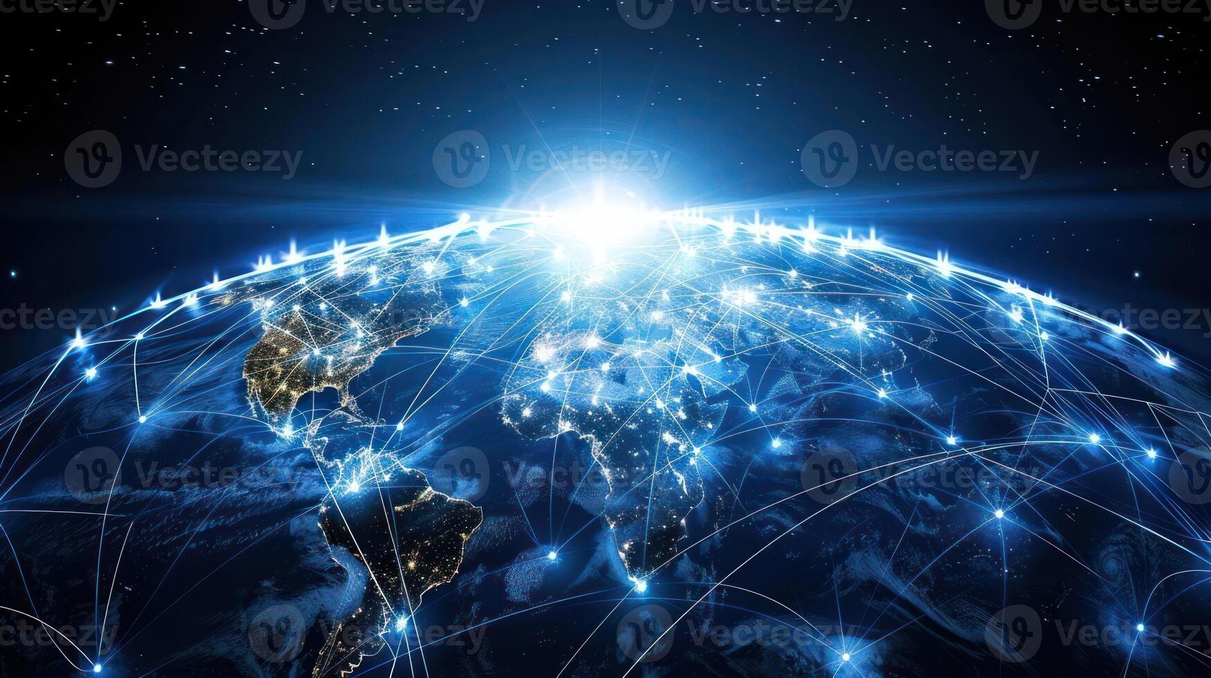 A digital representation of Earth interconnected by networks of light, symbolizing global connectivity. photo