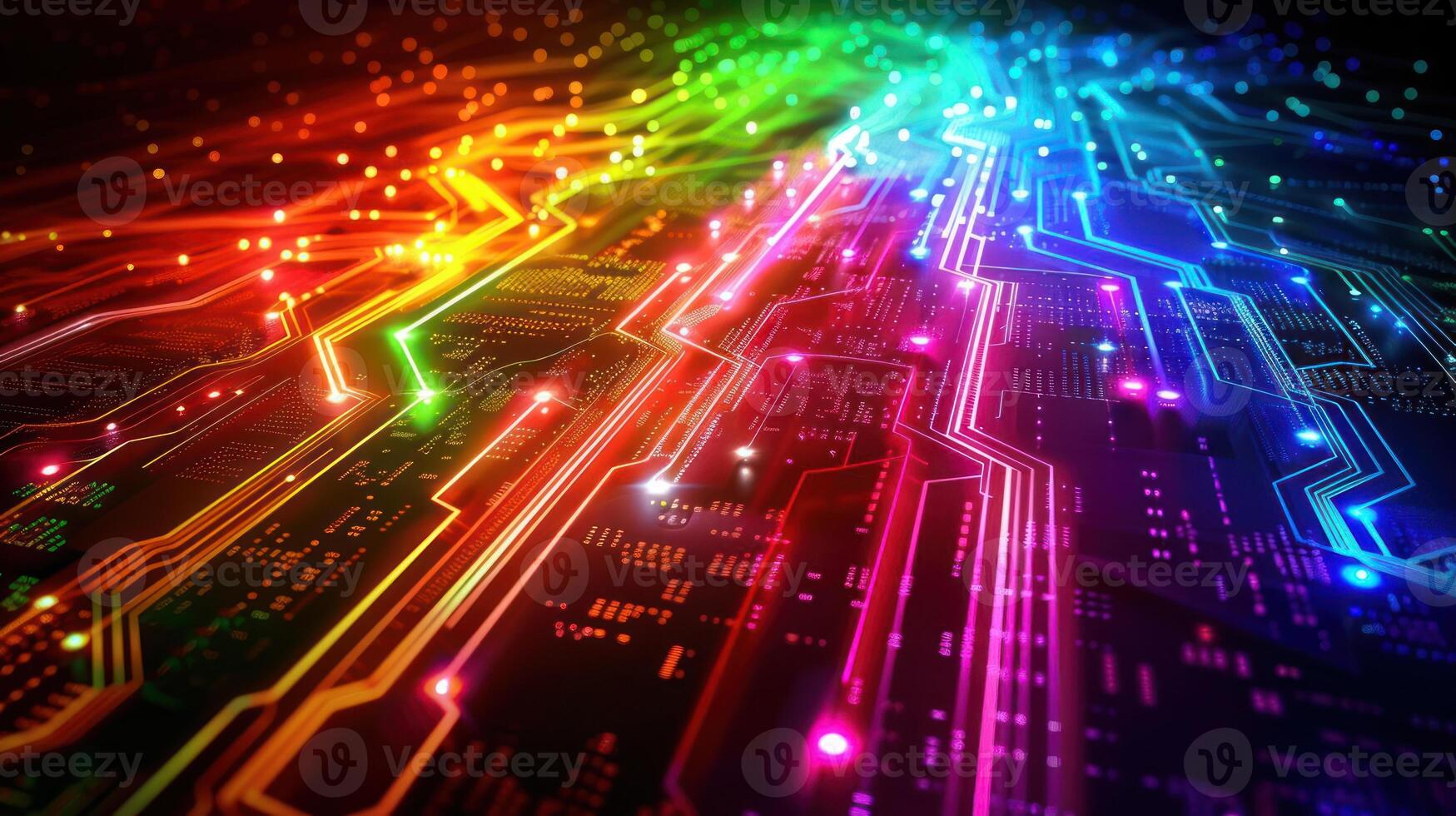 A vibrant, abstract representation of a circuit board with colorful light trails. photo