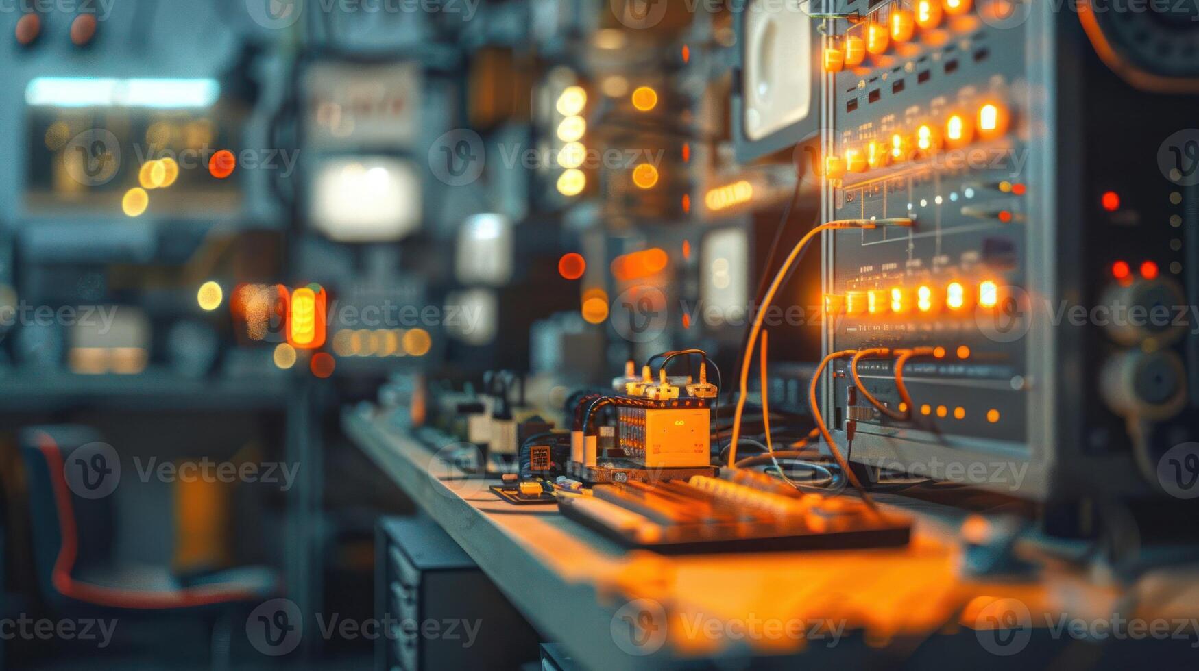 A close-up view of a control panel filled with lights and equipment in a tech environment. photo