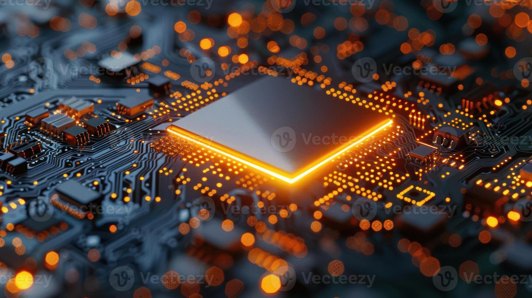 Close-up of a circuit board with glowing components, emphasizing technology and innovation. photo