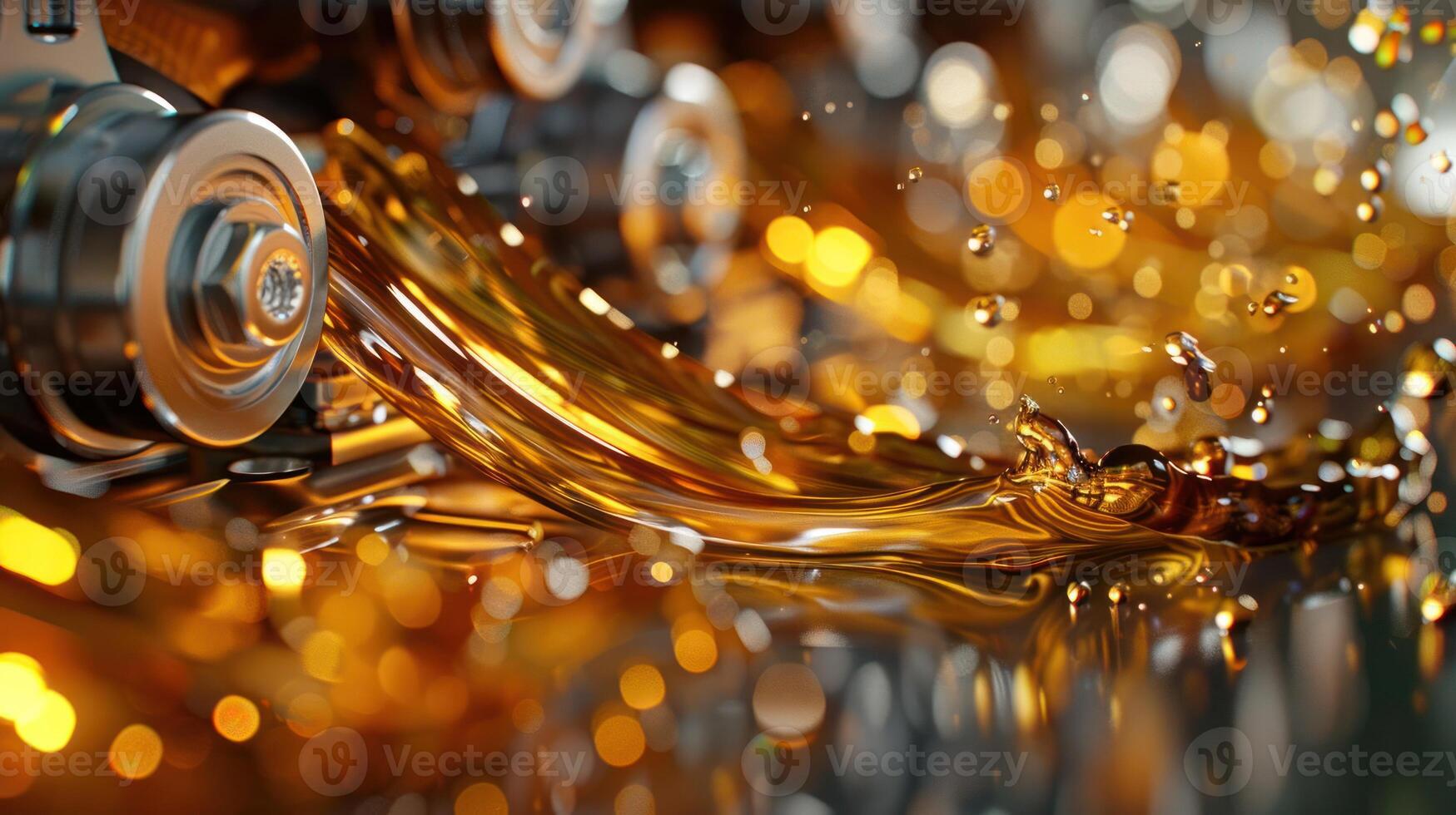 Close-up of flowing oil with droplets, highlighting industrial processes and lubrication. photo