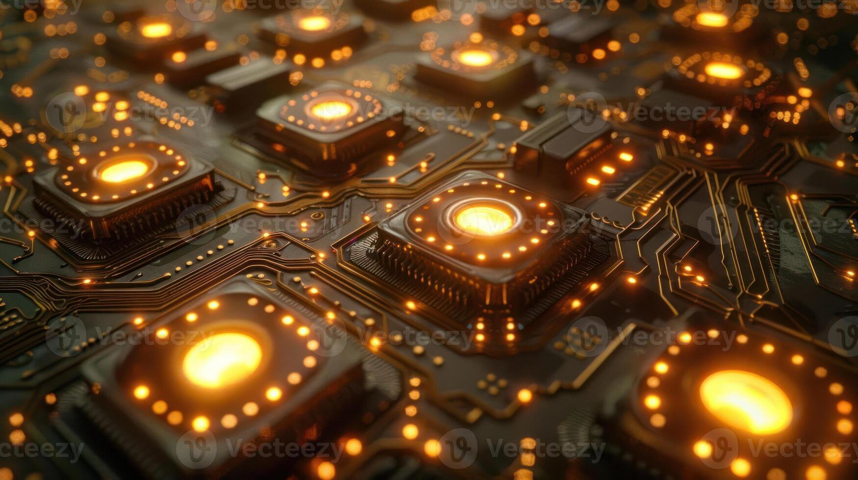 A close-up view of a circuit board with glowing processors and intricate pathways. photo