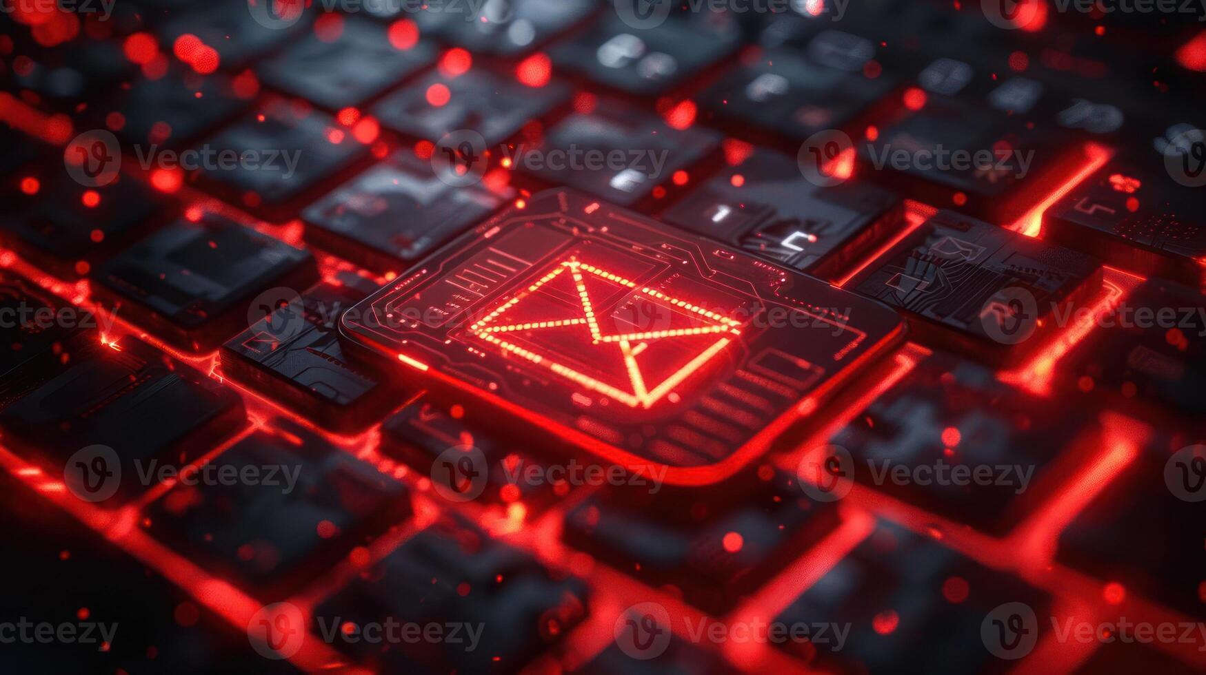 A glowing red email icon on a dark keyboard, symbolizing digital communication. photo