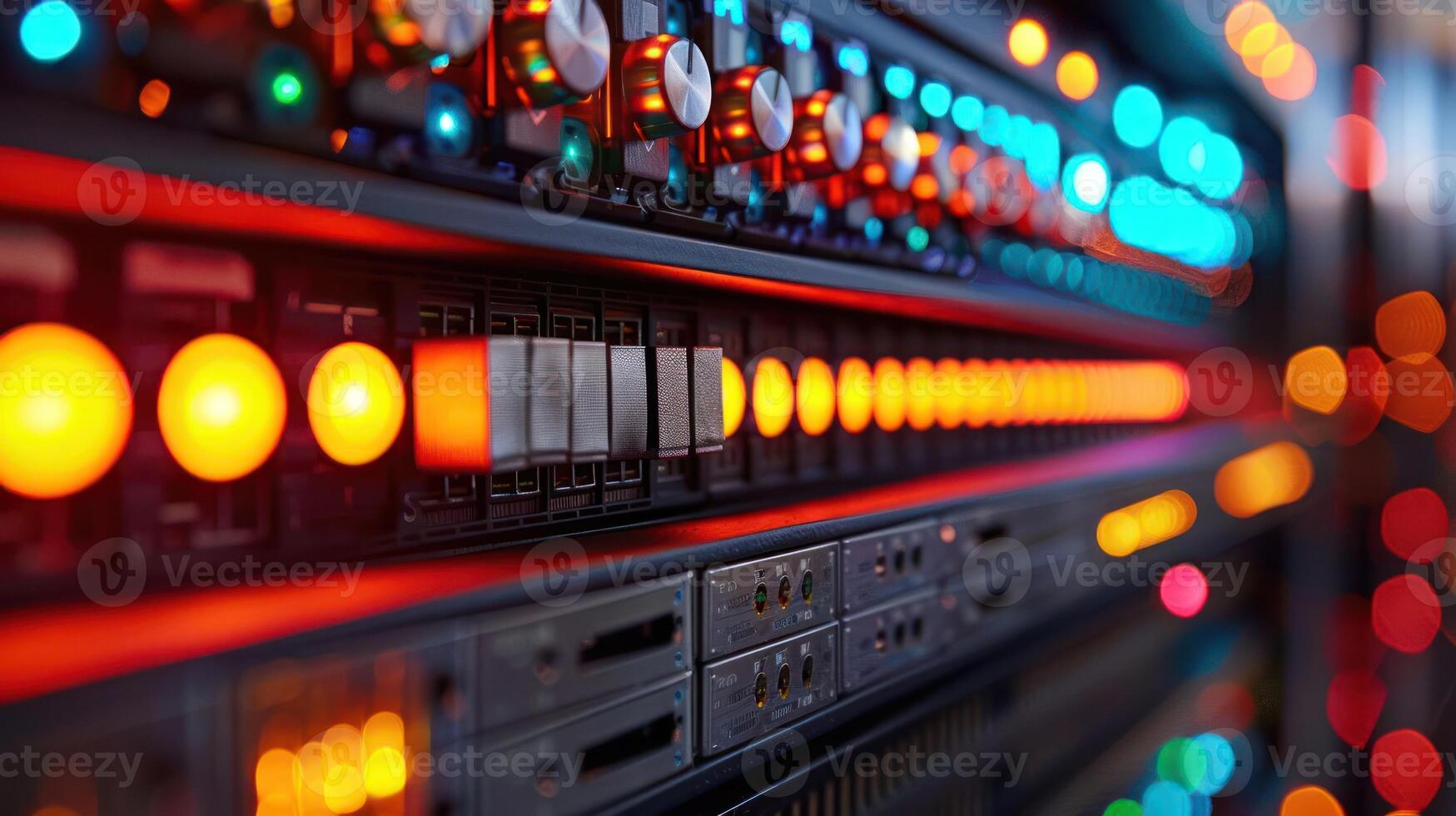 A close-up of illuminated server equipment showcasing various buttons and indicators. photo
