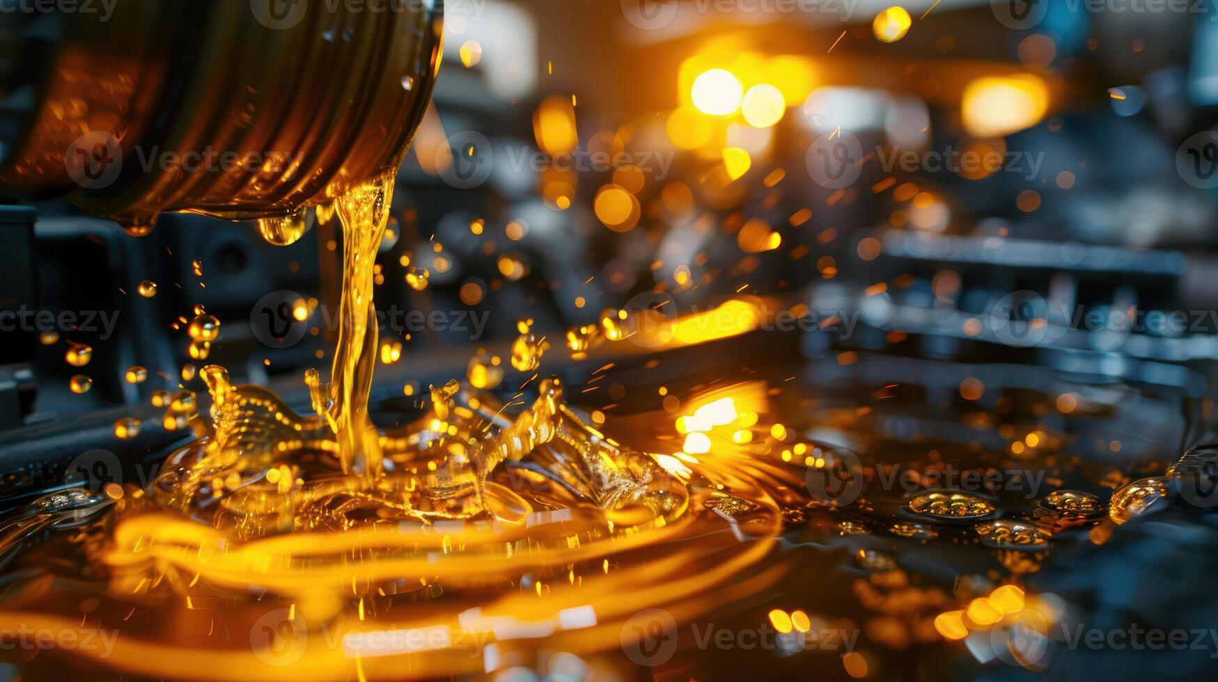 Viscous liquid pouring, creating splashes in a metallic environment with warm lighting. photo