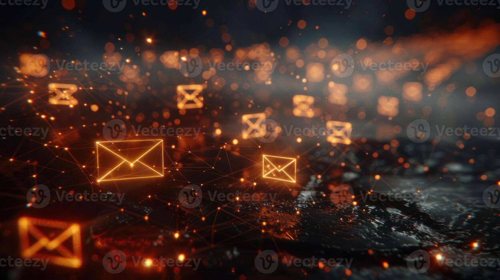 Abstract representation of digital communication with glowing email icons and network connections. photo