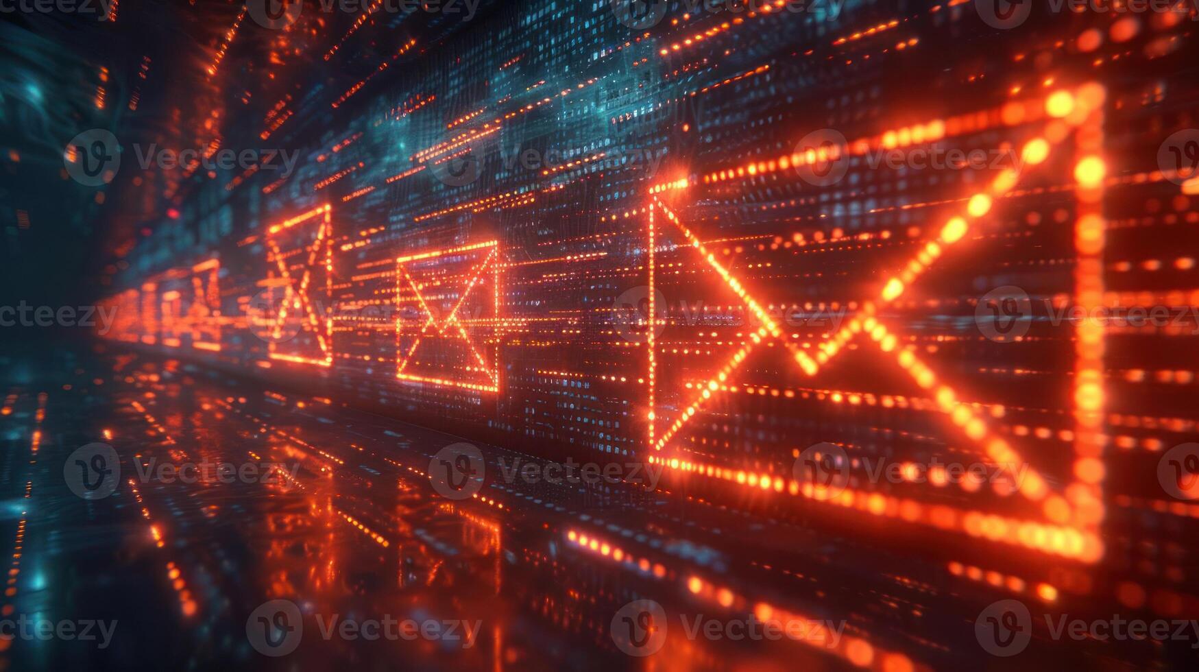 A digital representation of email communication with glowing envelopes in a data stream. photo