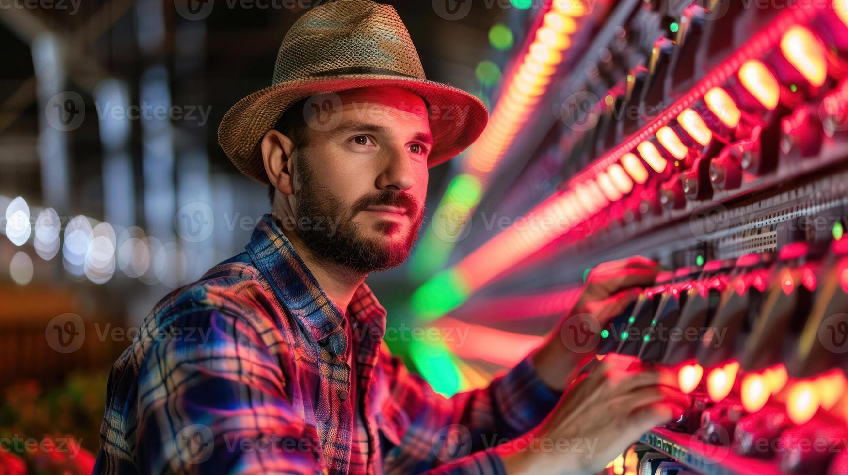 A man in a hat interacts with colorful lights on a control panel in a vibrant setting. photo