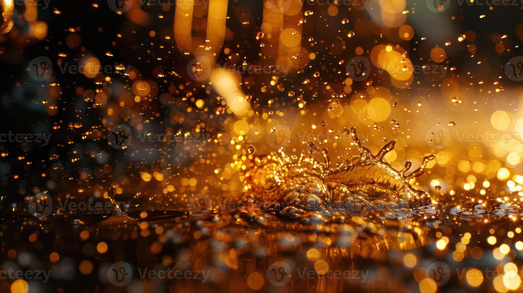 A close-up of water splashing with golden bokeh, creating a dynamic and vibrant scene. photo