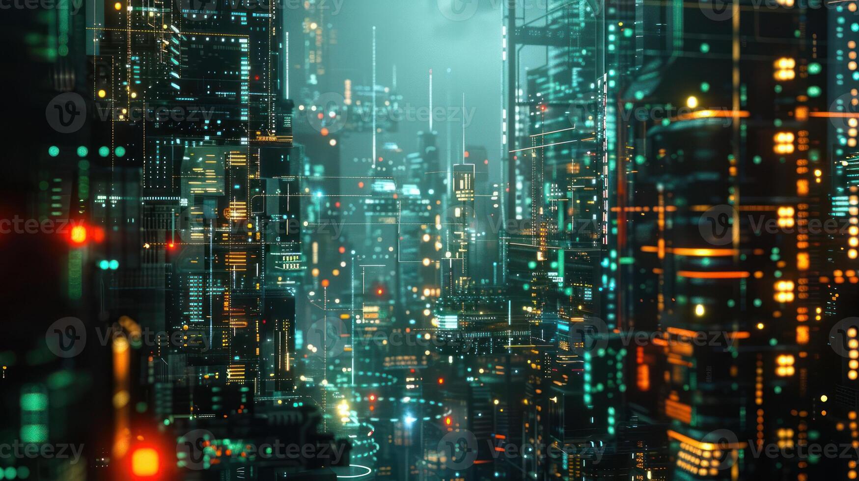 Futuristic cityscape illuminated by vibrant lights and towering structures. photo