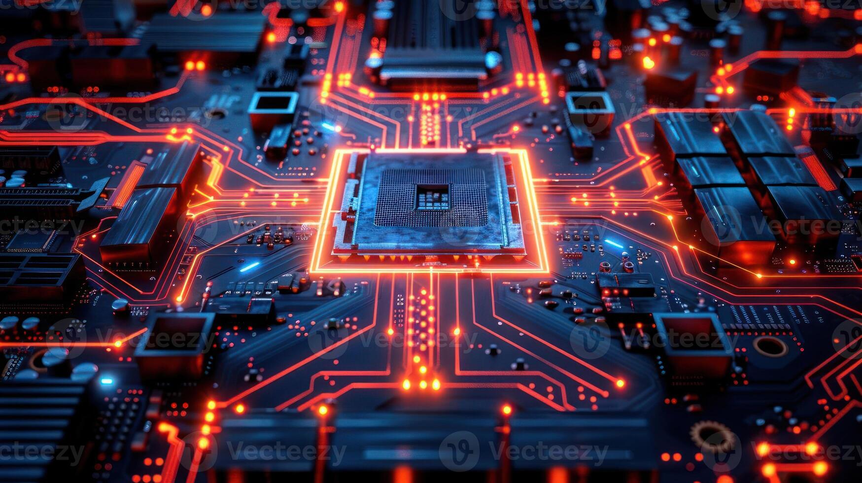 A close-up of a circuit board with glowing connections and a central processor. photo