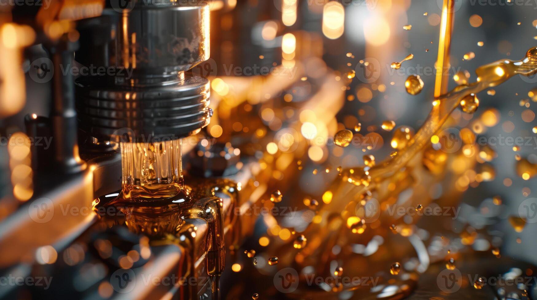 Close-up of oil splashing from a machine, showcasing industrial processes. photo