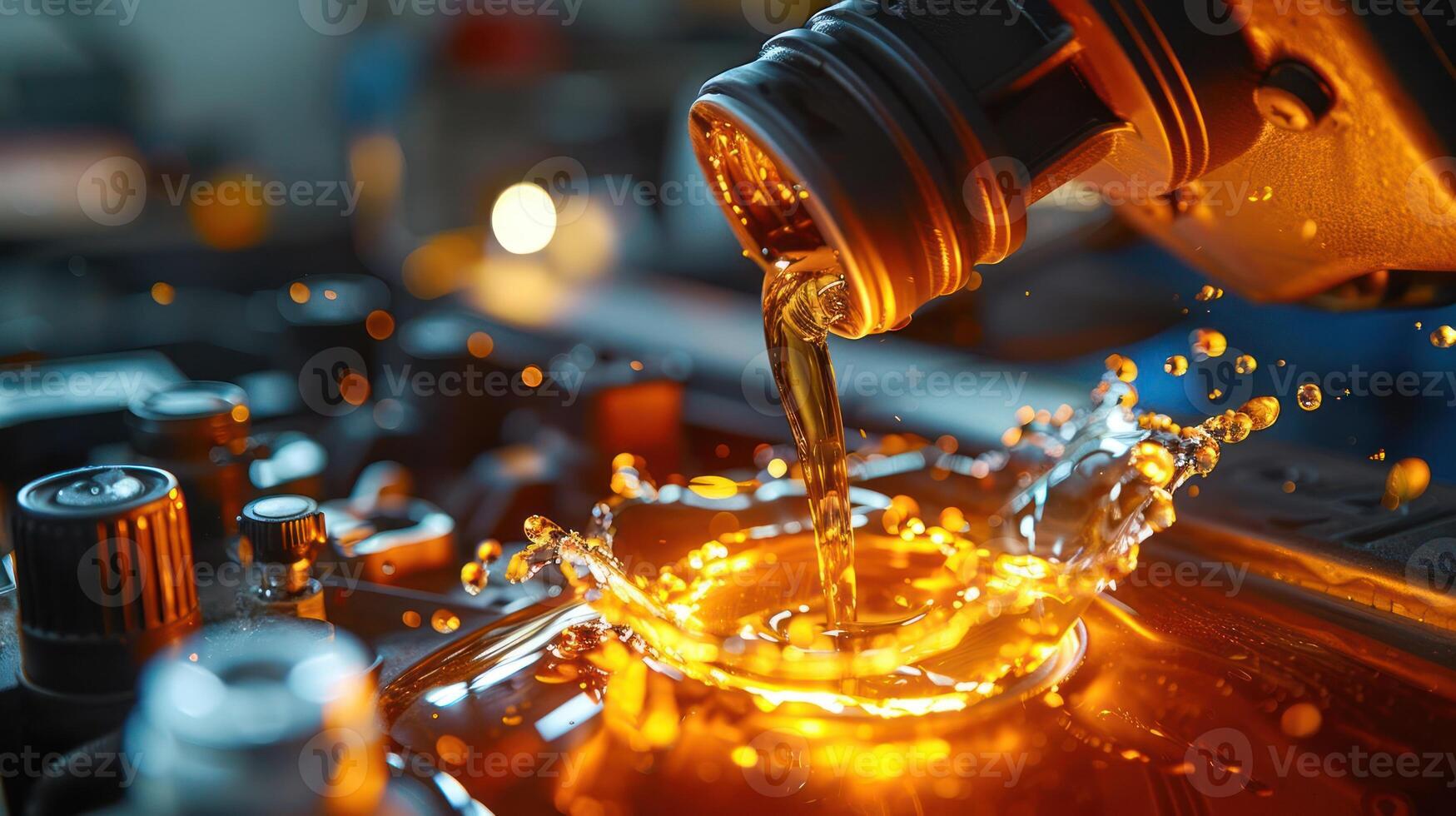 Engine oil being poured into a car engine, creating splashes and reflecting light. photo