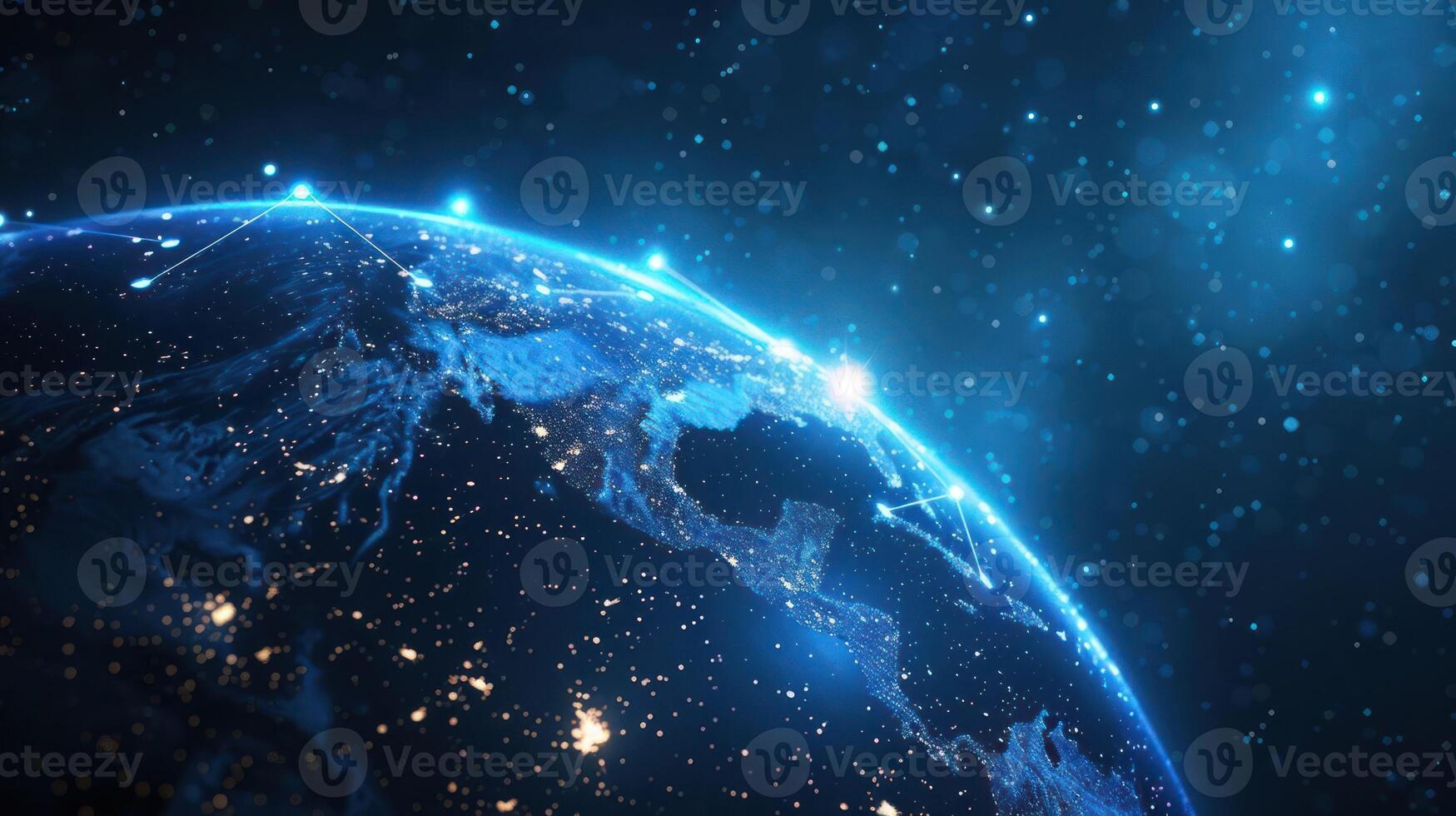 A digital representation of Earth showcasing lights and connections in a starry atmosphere. photo