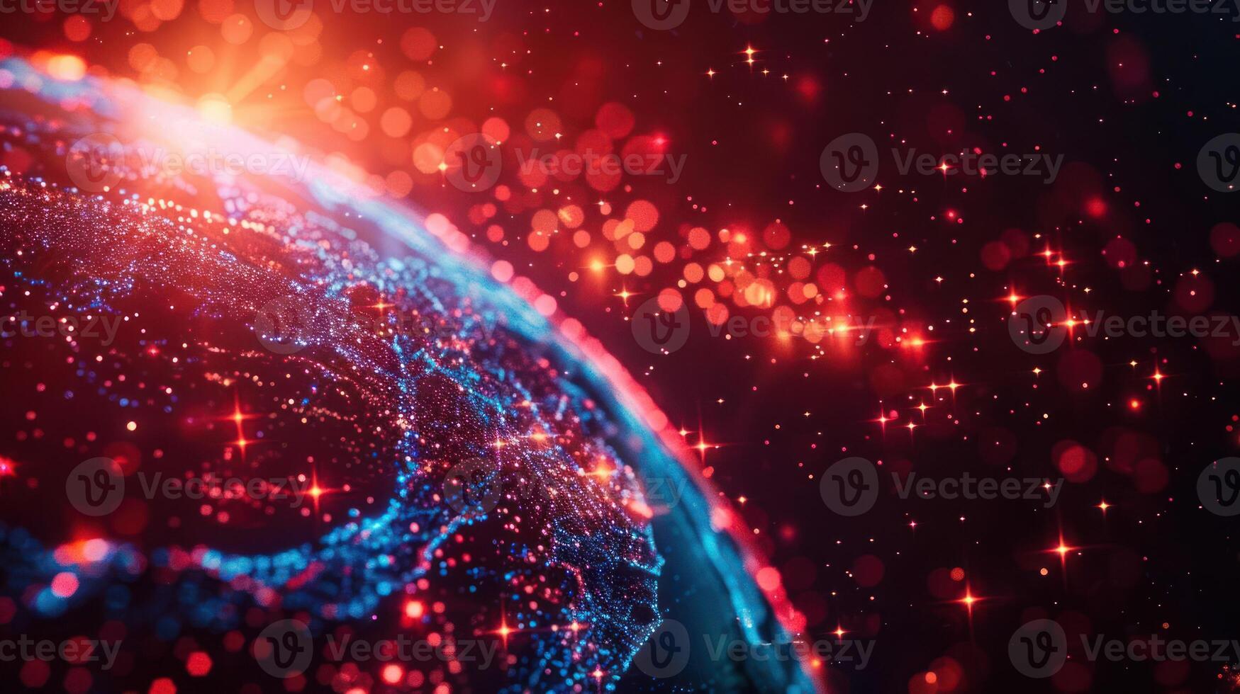 A vibrant, digital representation of Earth with glowing connections and cosmic elements. photo