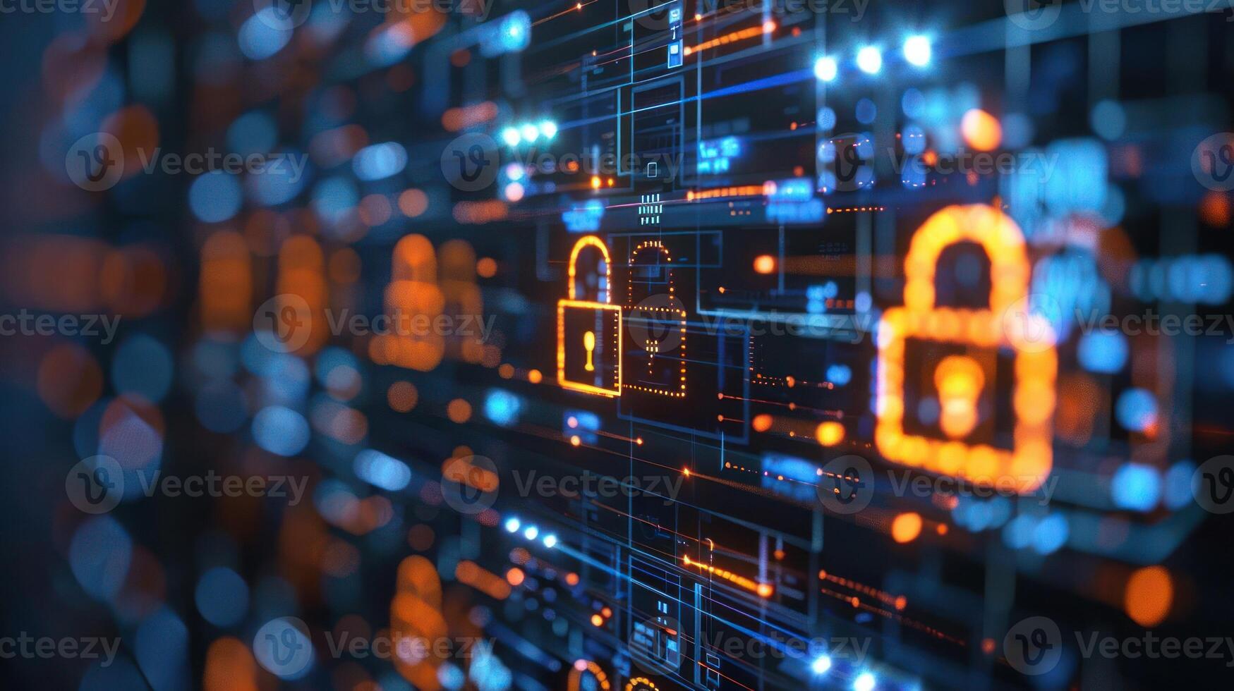 Abstract digital background featuring padlocks and circuit patterns, symbolizing cybersecurity. photo