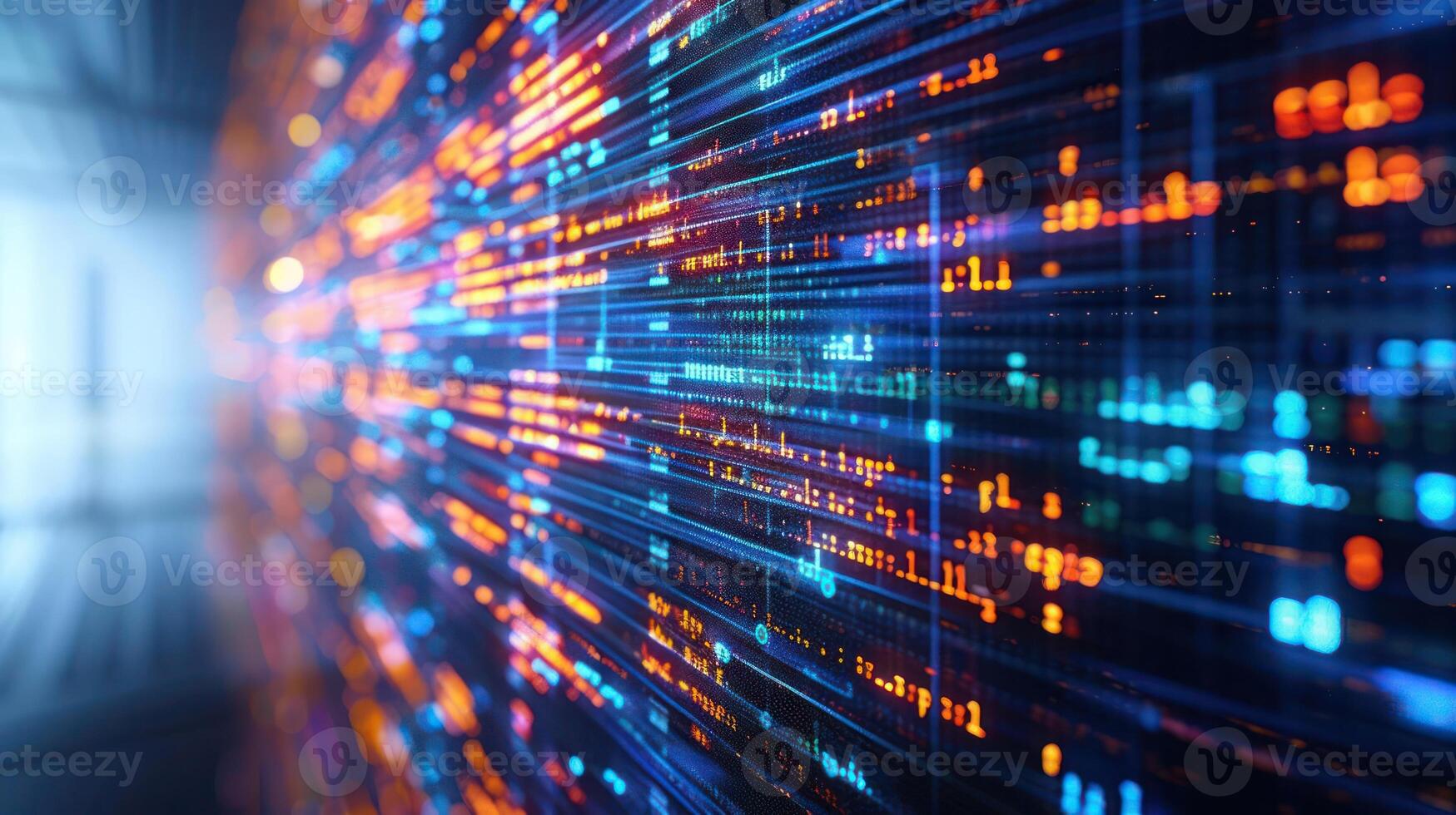 Digital data streams with vibrant colors representing technology and information flow. photo