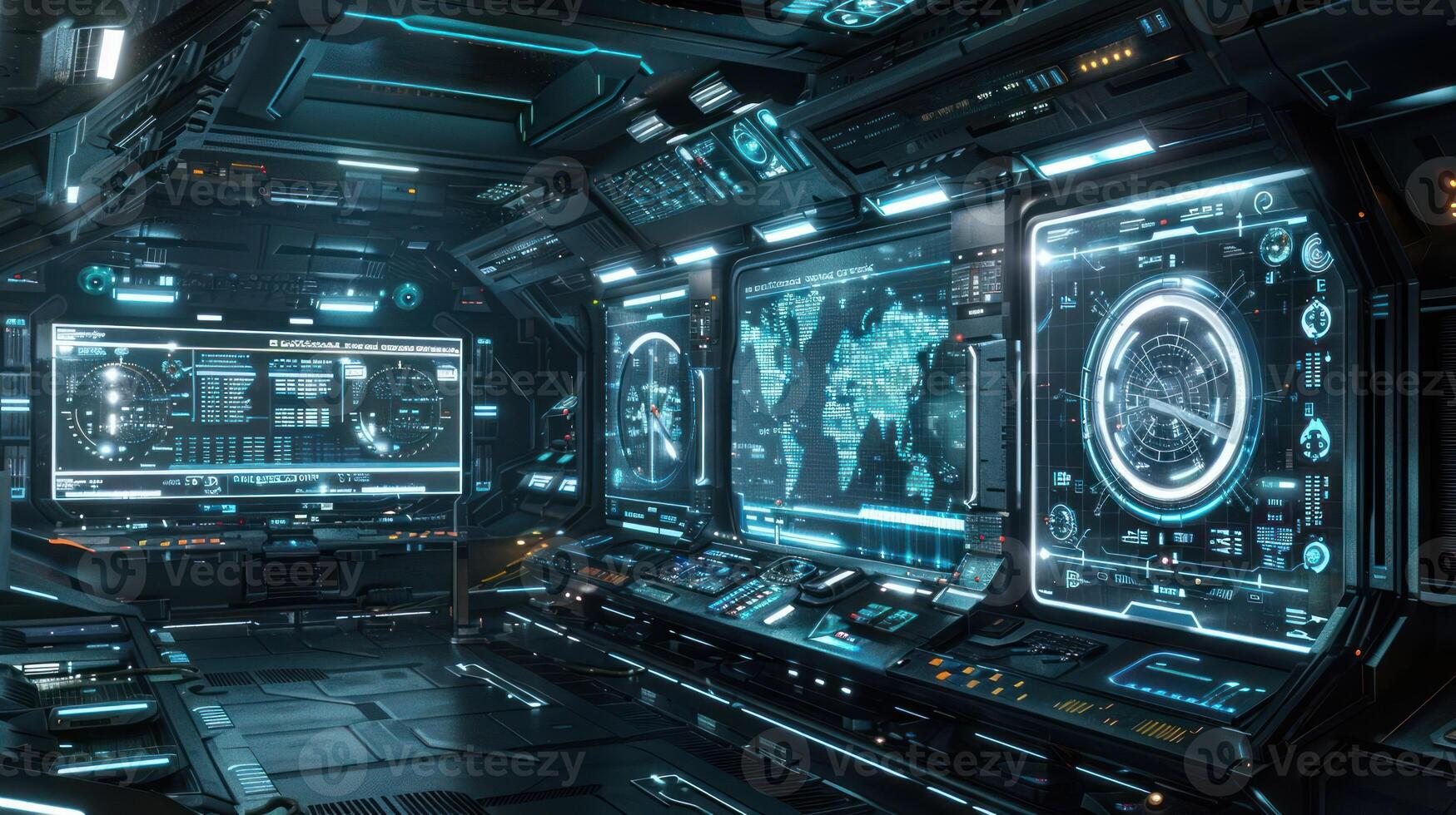 Futuristic control room with high-tech displays and interactive interfaces. photo