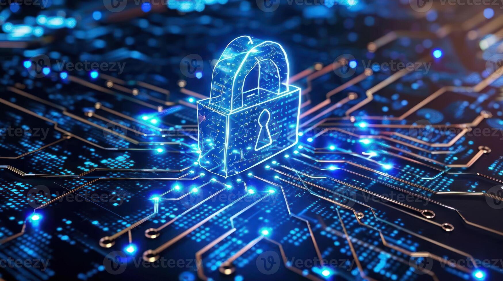 A digital padlock over a circuit board, symbolizing cybersecurity and data protection. photo