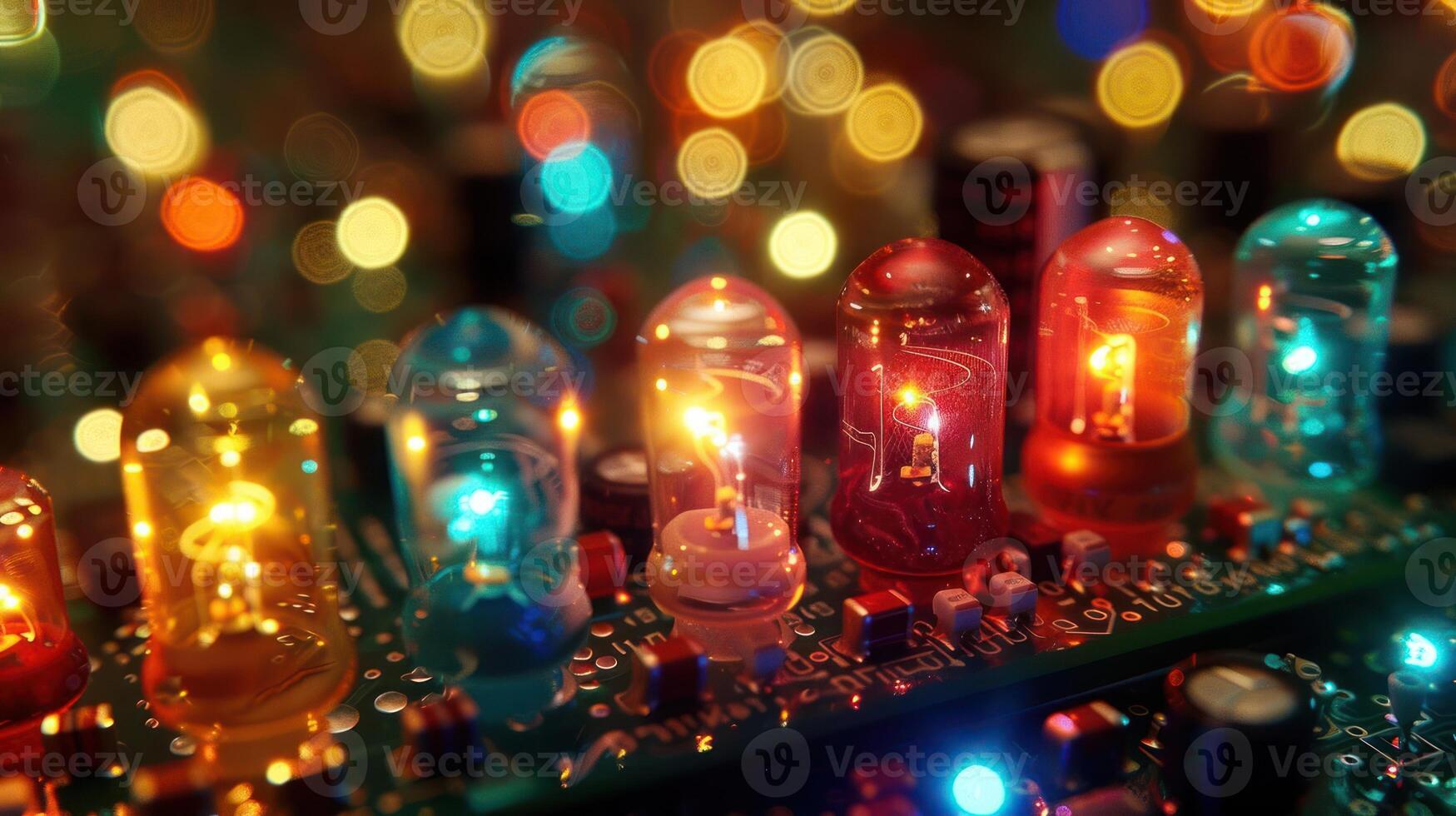 Colorful LED lights glowing on a circuit board, creating a vibrant, tech-inspired atmosphere. photo
