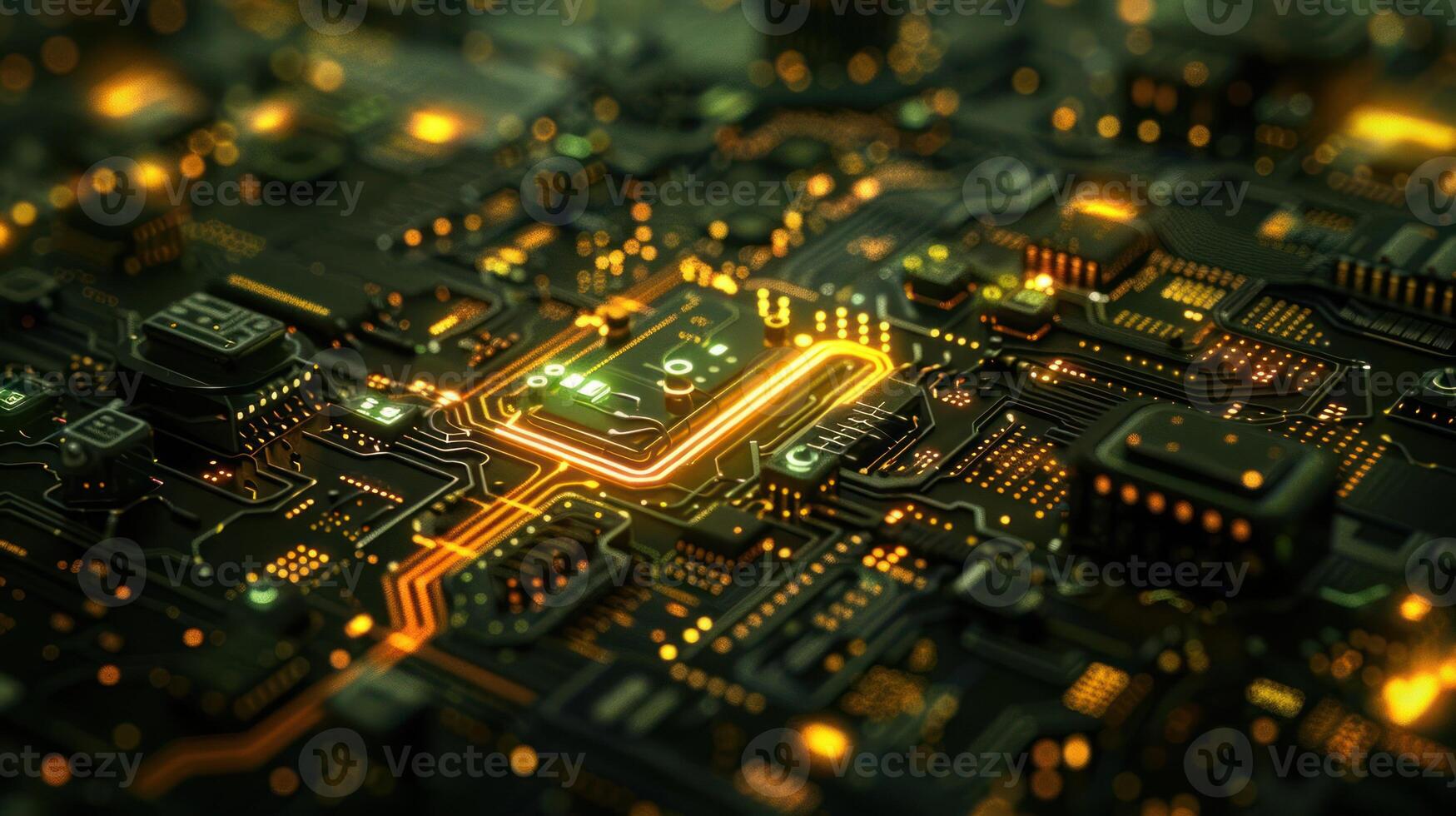 A close-up view of a circuit board with glowing components and intricate pathways. photo