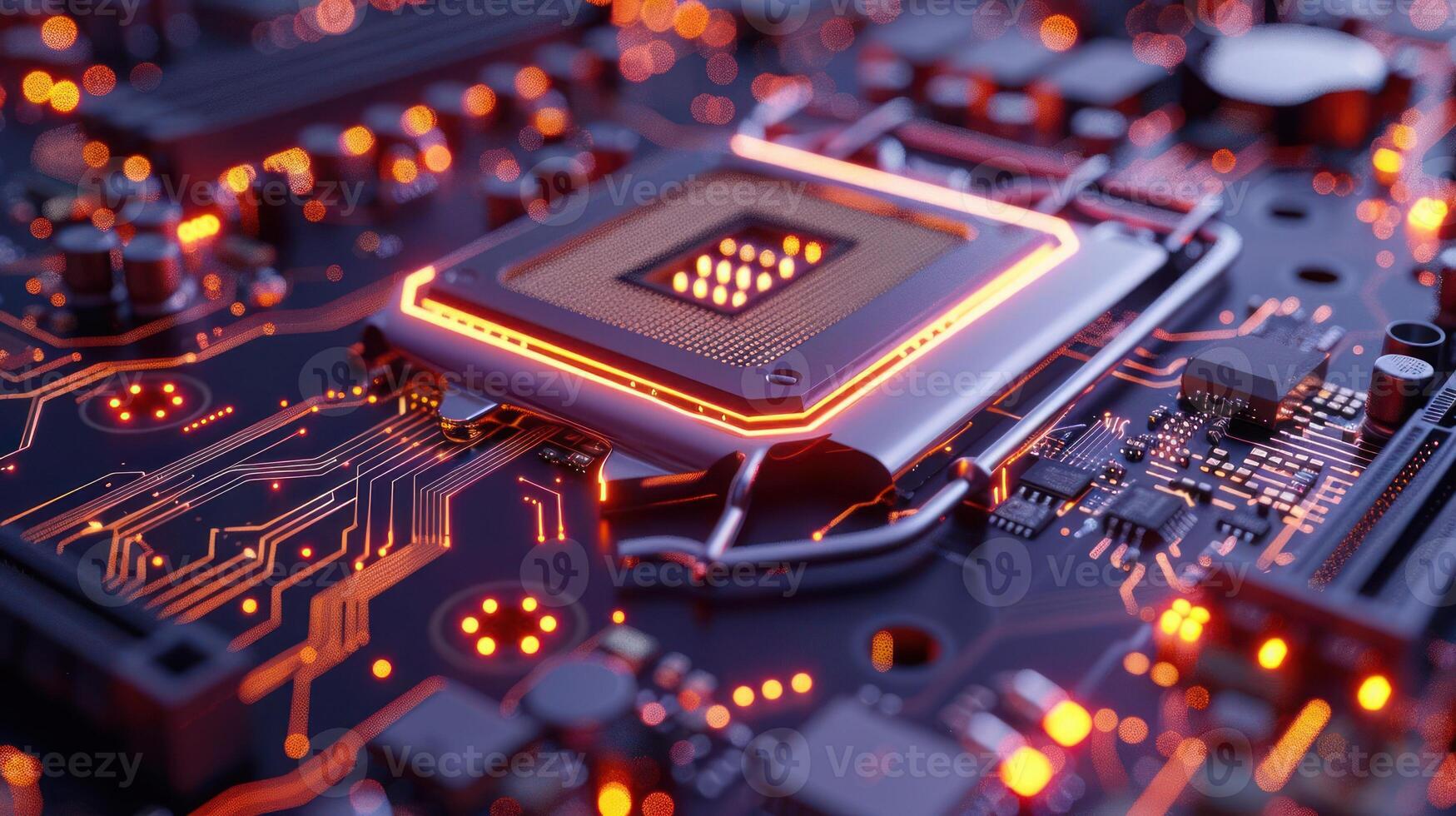 Close-up of a circuit board with a glowing processor, showcasing technology and innovation. photo