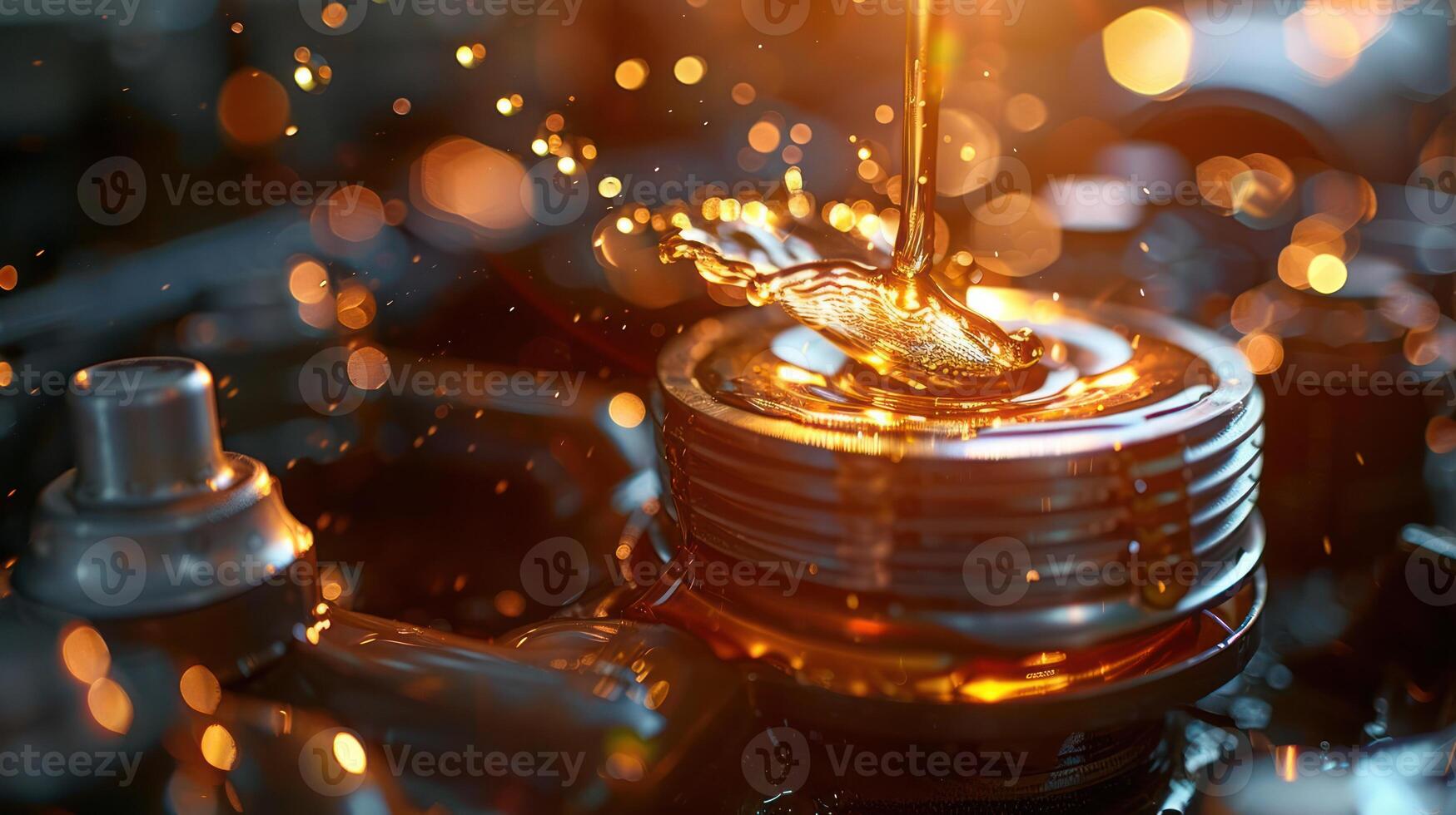 Close-up of engine components with oil being poured, showcasing mechanics and lubrication. photo