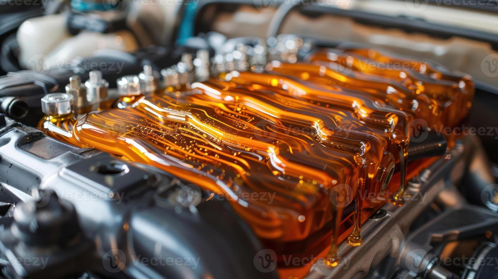 Close-up of a car engine with a transparent oil cover, showcasing mechanical components. photo
