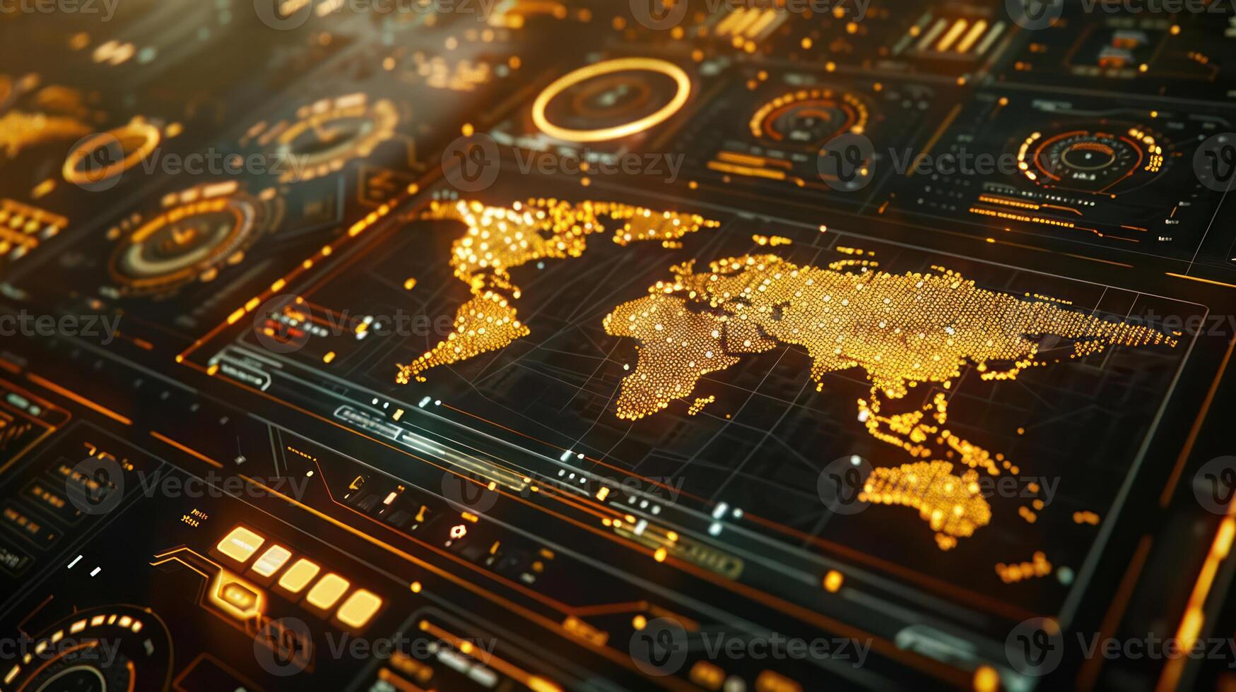 A digital world map with glowing data visualizations and metrics. photo