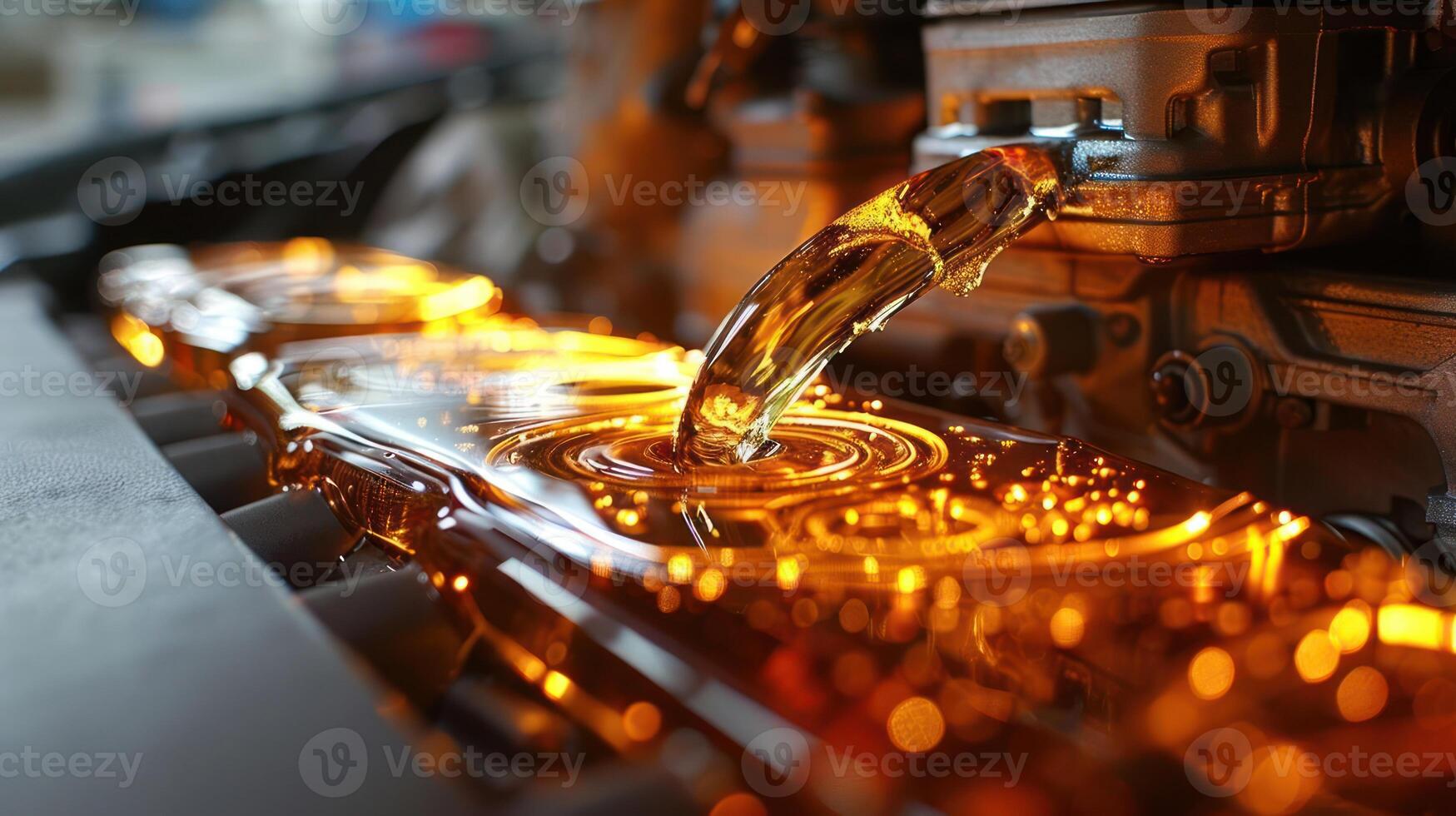 Close-up of engine oil flowing in a vehicle's engine compartment, highlighting lubrication. photo