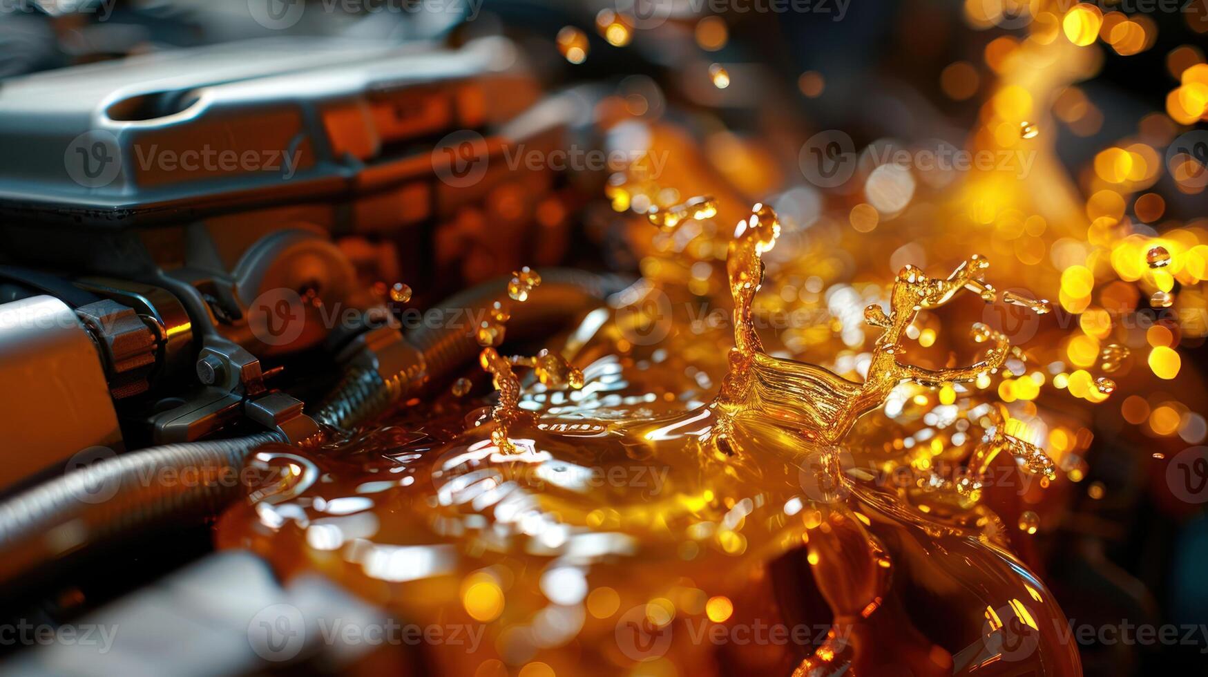 Close-up of engine oil splashing in a mechanical setting, showcasing fluid dynamics. photo
